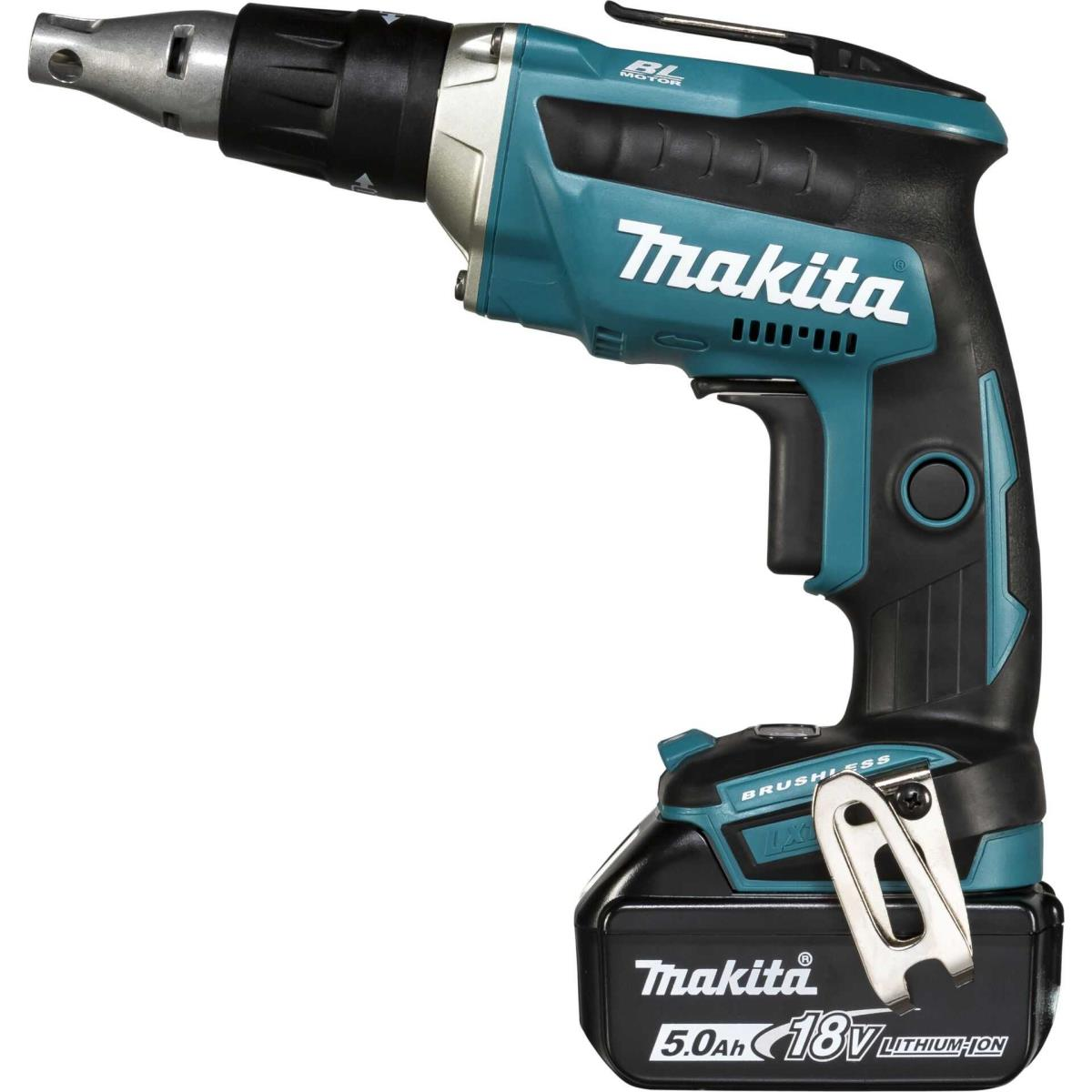 Un destornillador Makita negro y verde azulado con batería de 18V.