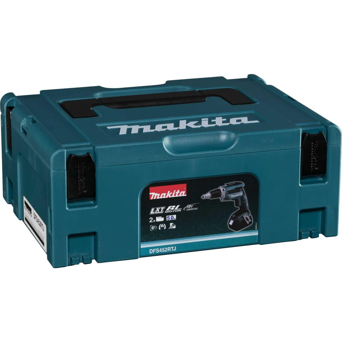 Una caja de herramientas verde azulado con el logo de Makita y una imagen de un destornillador.