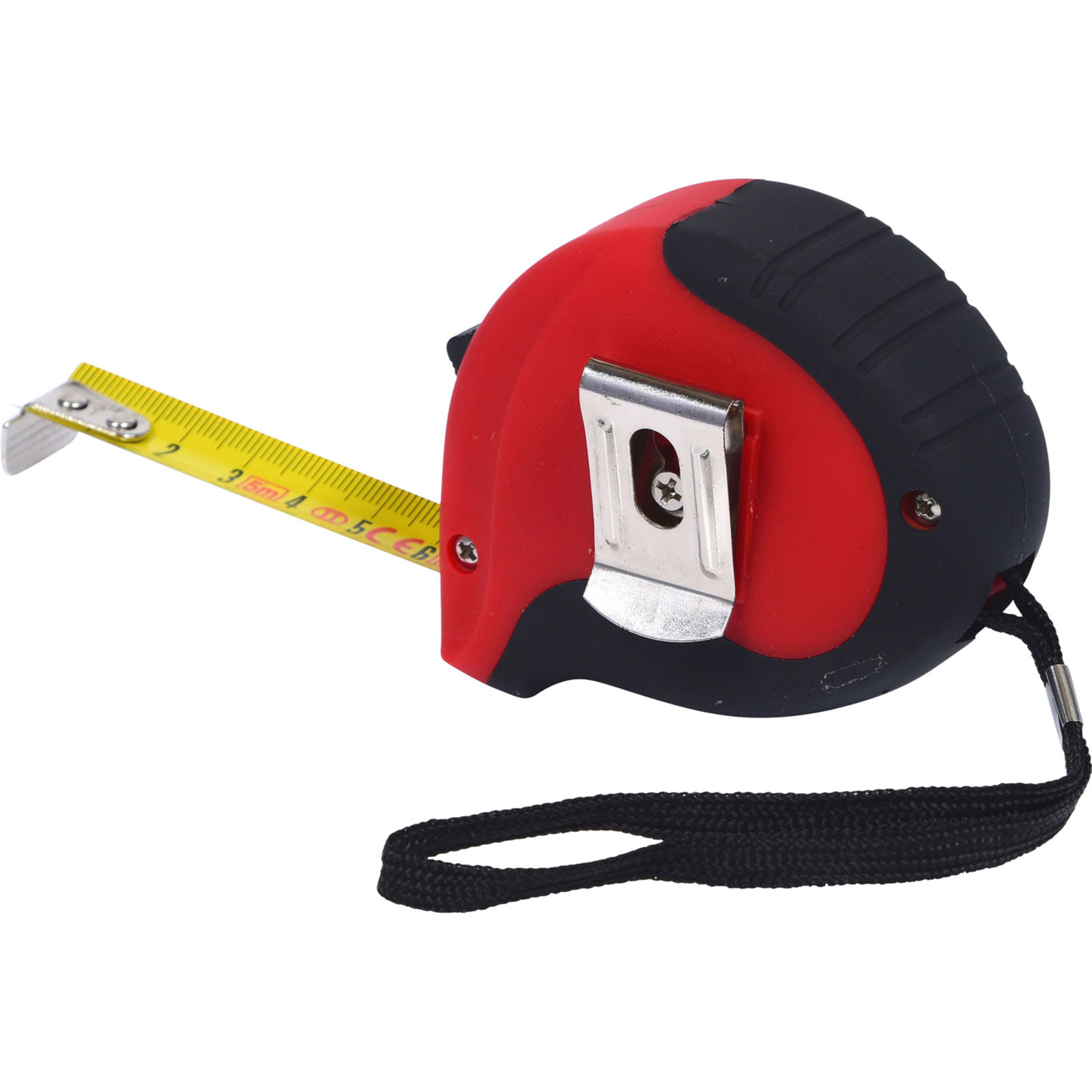Ein rotes und schwarzes Maßband mit ausgefahrener gelber Messlatte und einem Lanyard.