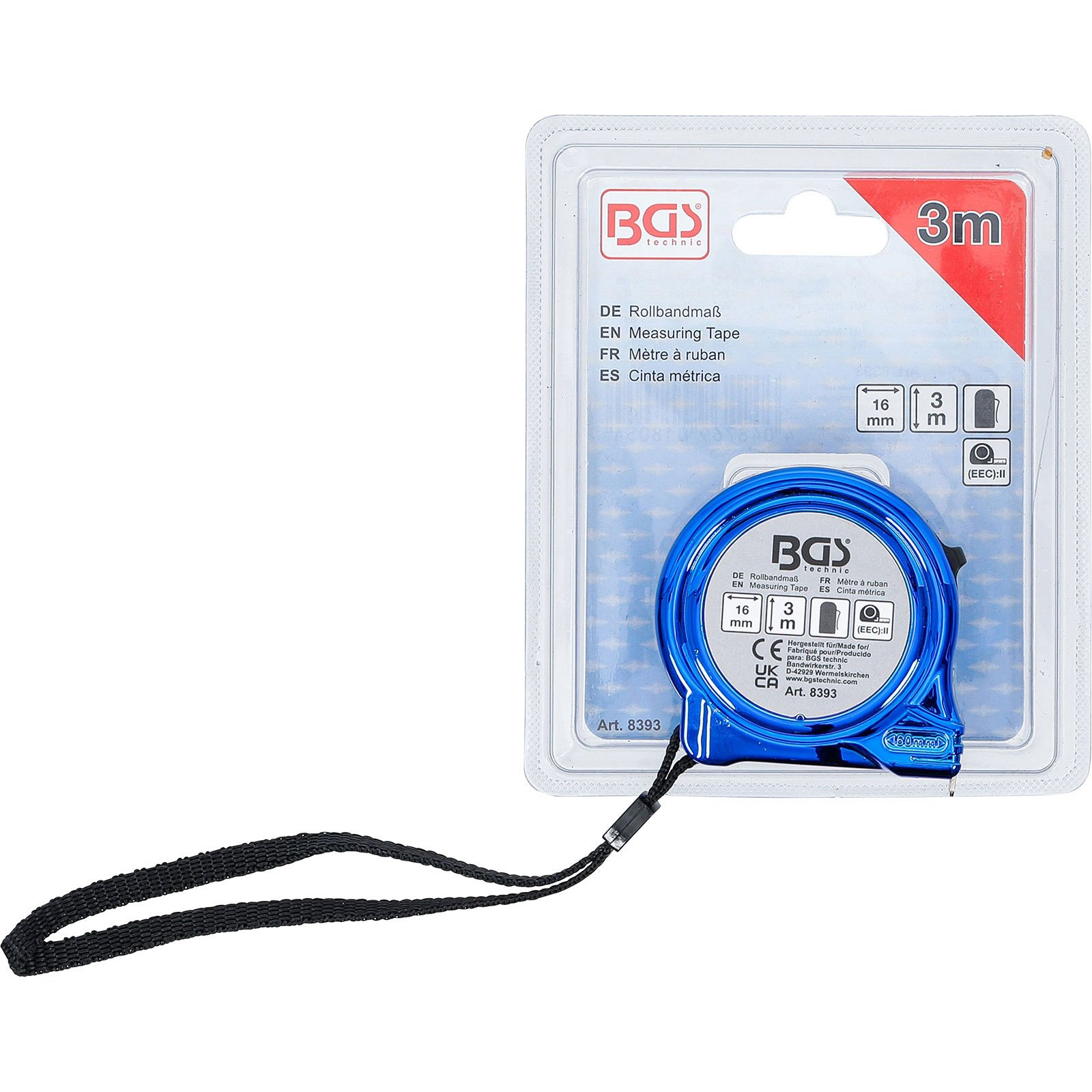 Ein blauer Rollmaßband von BGS technic, 3m lang, 16mm breit, in Verpackung.