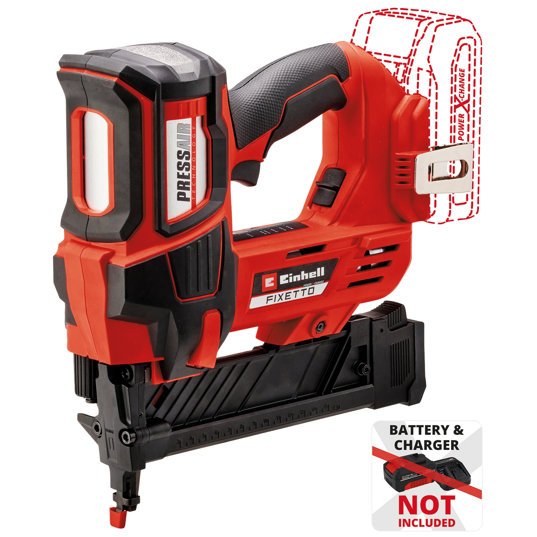 Roter und schwarzer Akku-Nagler mit "Pressair Technology" und "Power X Change" Schriftzug.