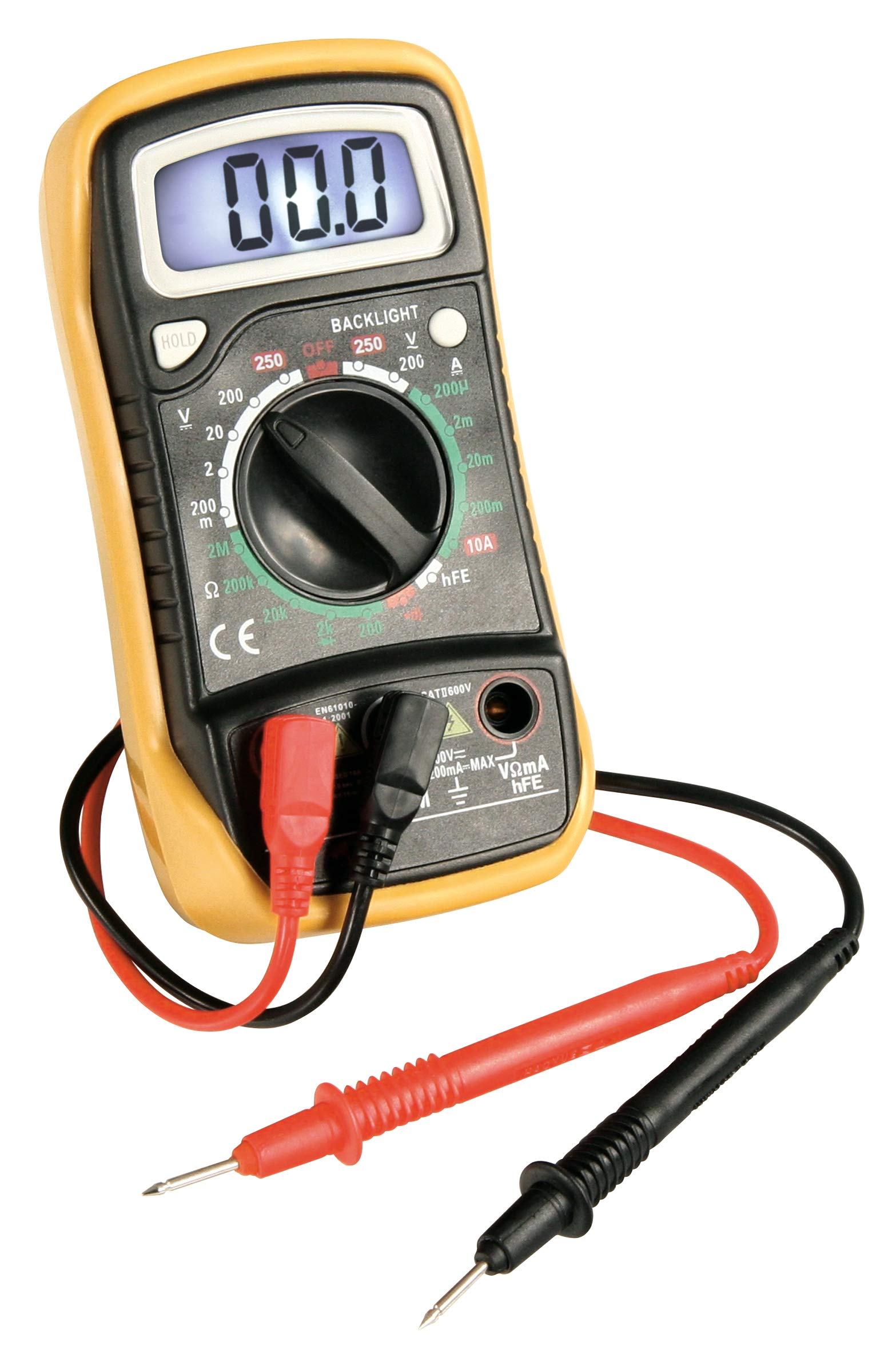 Ein gelbes Multimeter mit schwarzem und rotem Messkabel und Spitzen.