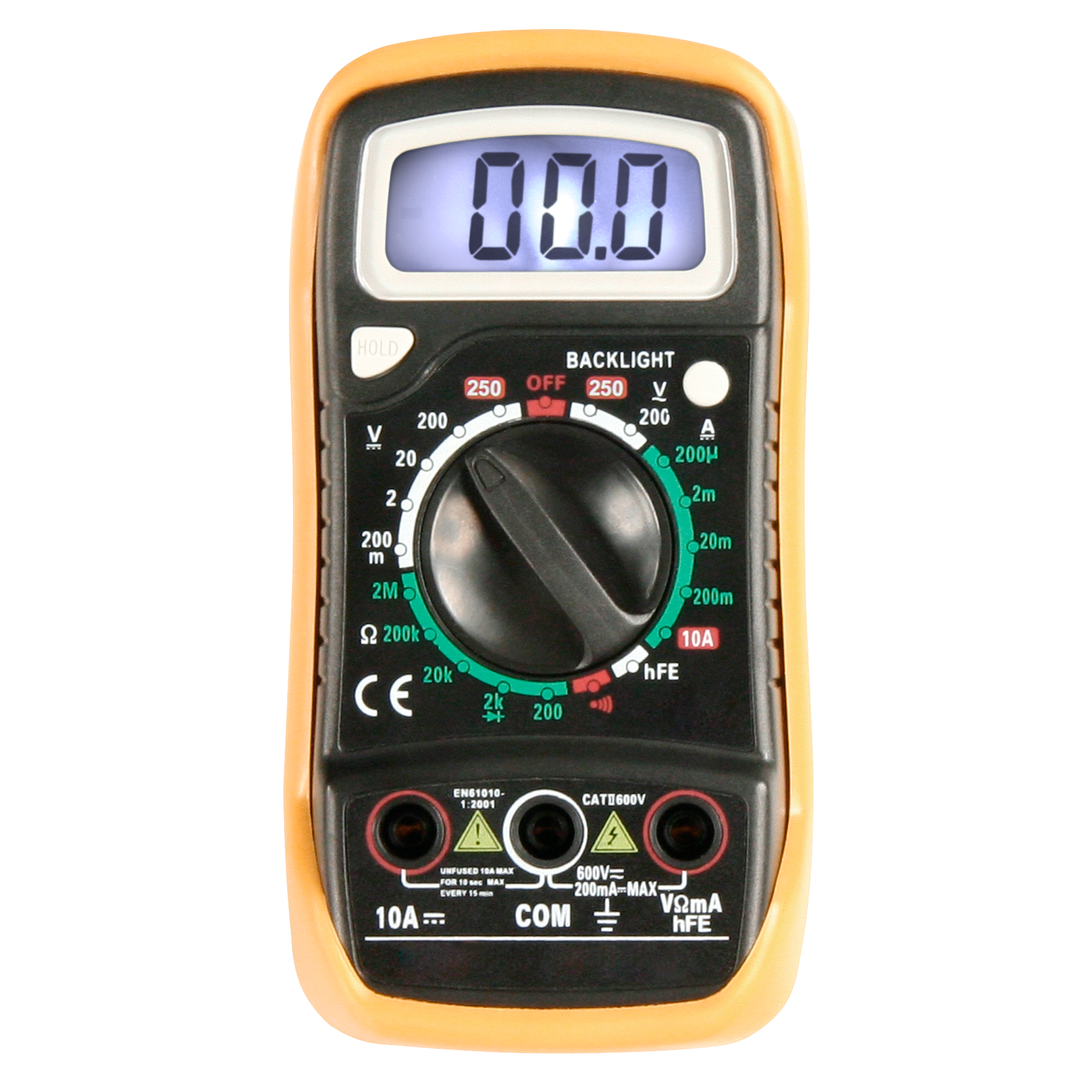 Ein gelbes Digitalmultimeter mit schwarzem Zifferblatt und LCD-Anzeige.