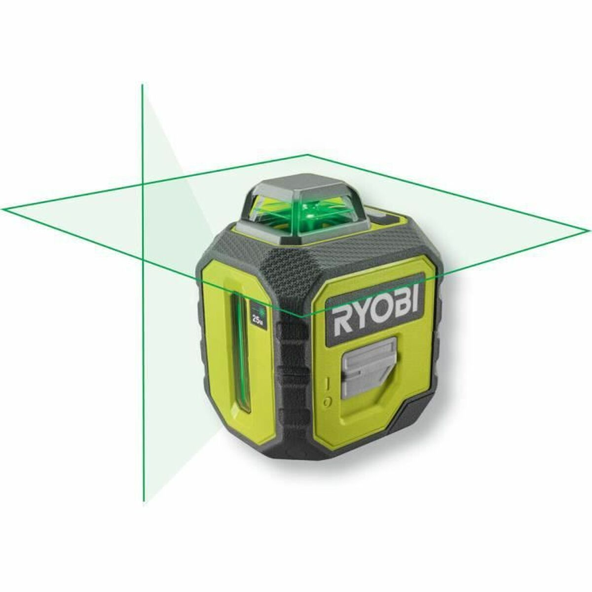 Ein grüner Kreuzlinienlaser von Ryobi mit zwei Laserschienen.