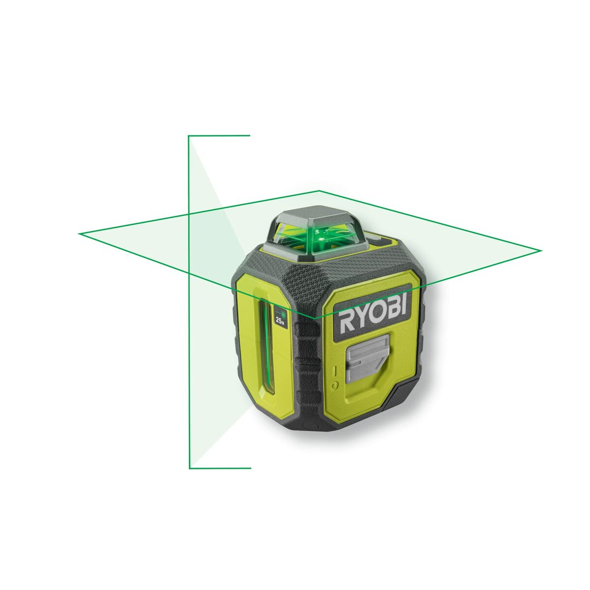 Ein grüner Ryobi-Laserprojektor mit Kreuzlinien auf weißem Hintergrund.