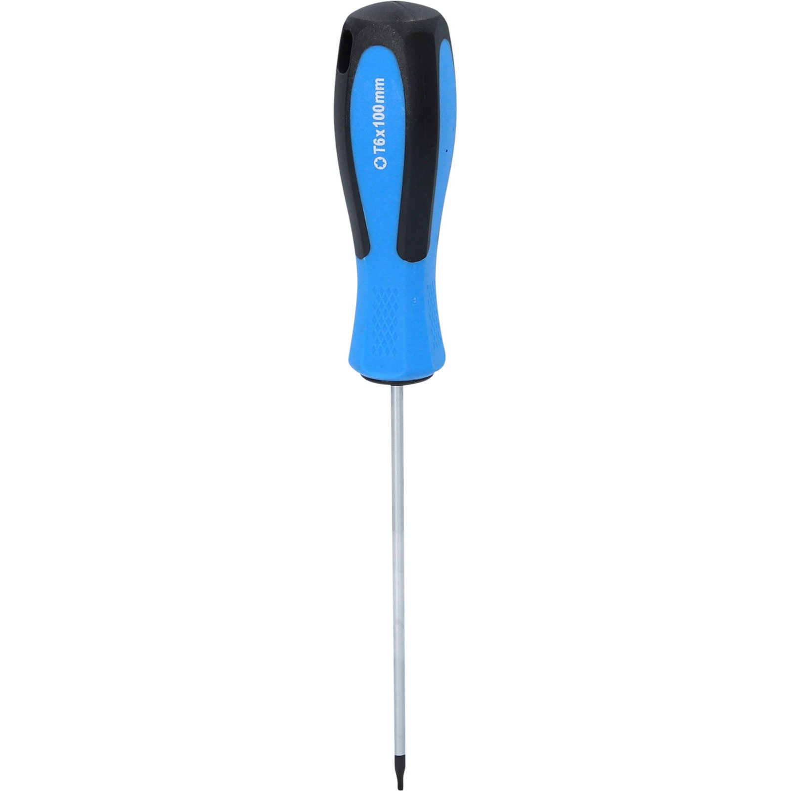 Ein Torx-Schraubendreher mit blauem und schwarzem Griff und einer 100-mm-Klinge.