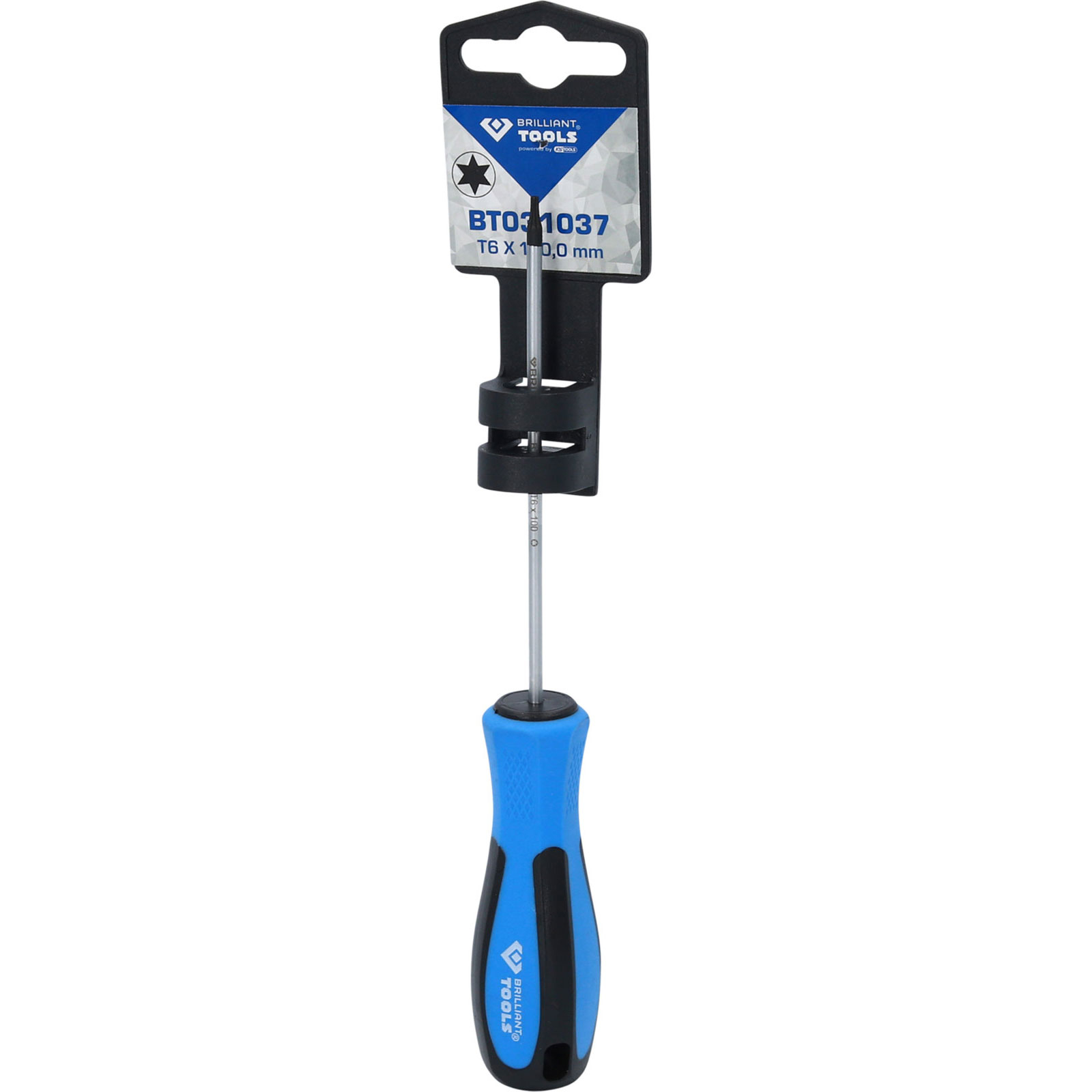 Ein Torx-Schraubendreher mit blau-schwarzem Griff, verpackt auf einer Karte.