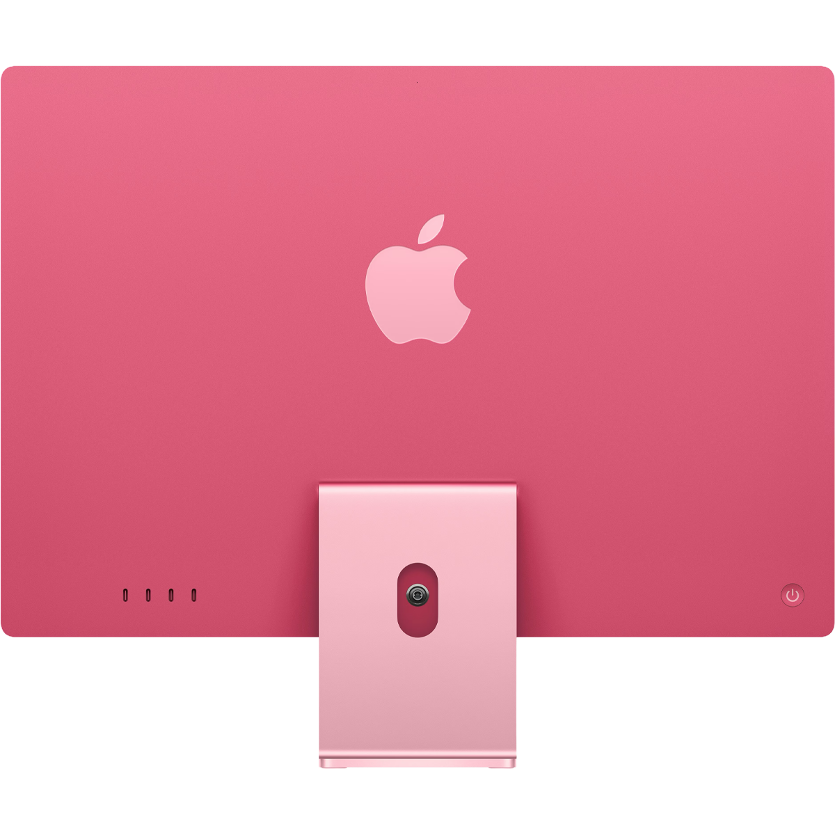 Achterkant van een roze iMac met Apple-logo en standaard.