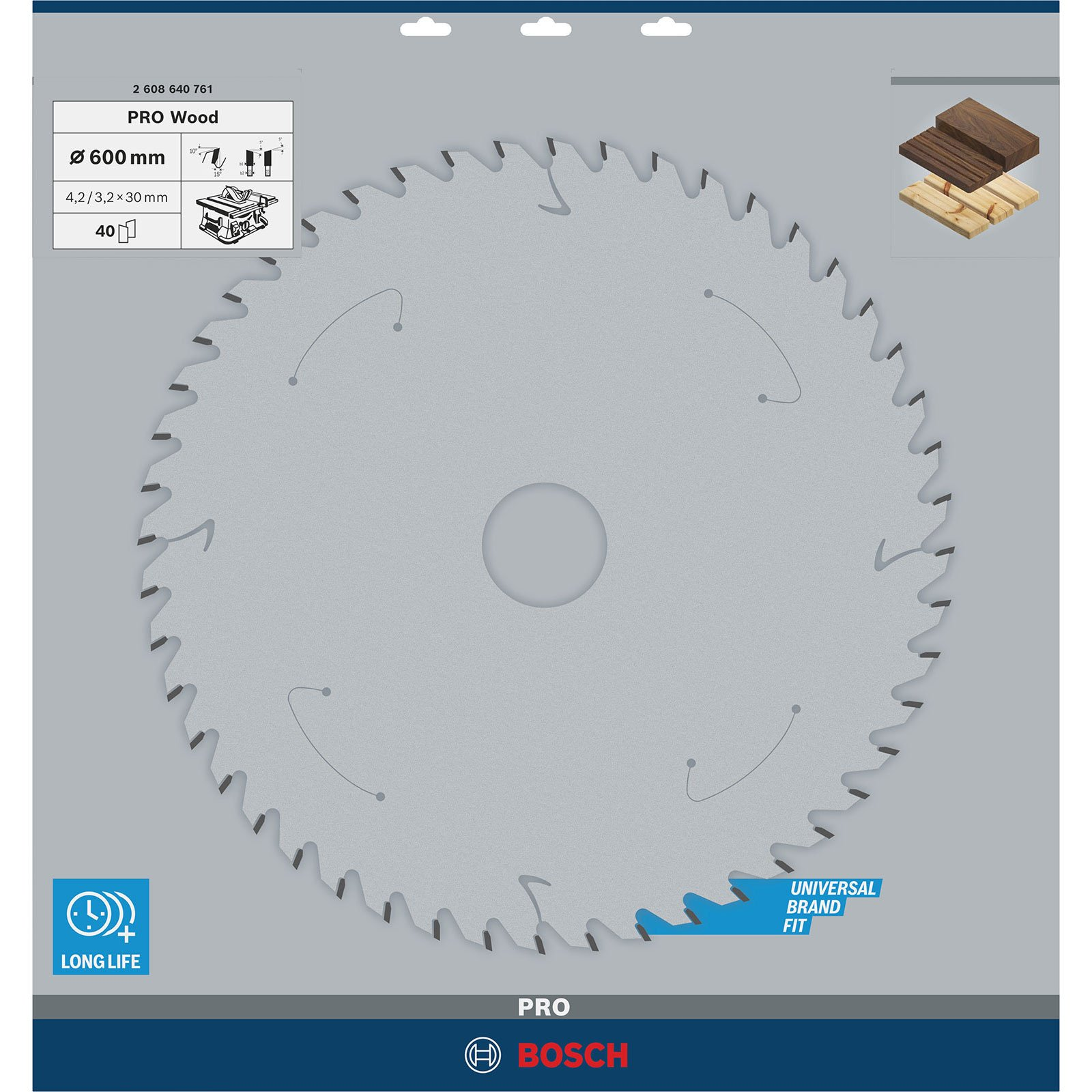 Lama sega circolare grigia con denti argentati, logo Bosch e pezzi di legno.