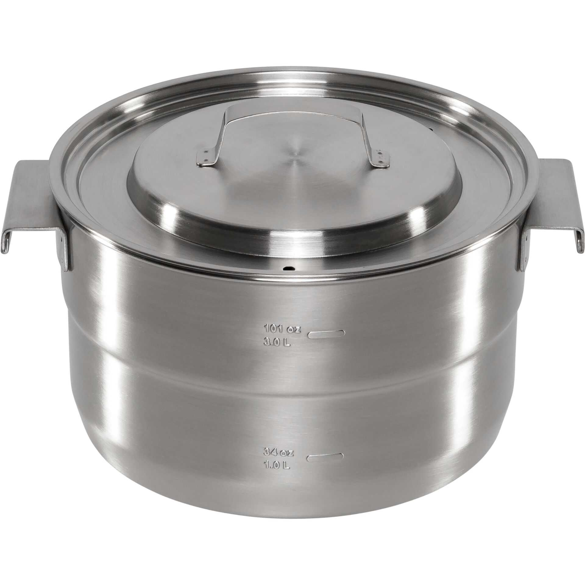 Contenitore in acciaio inox con coperchio e manici, con indicatori.