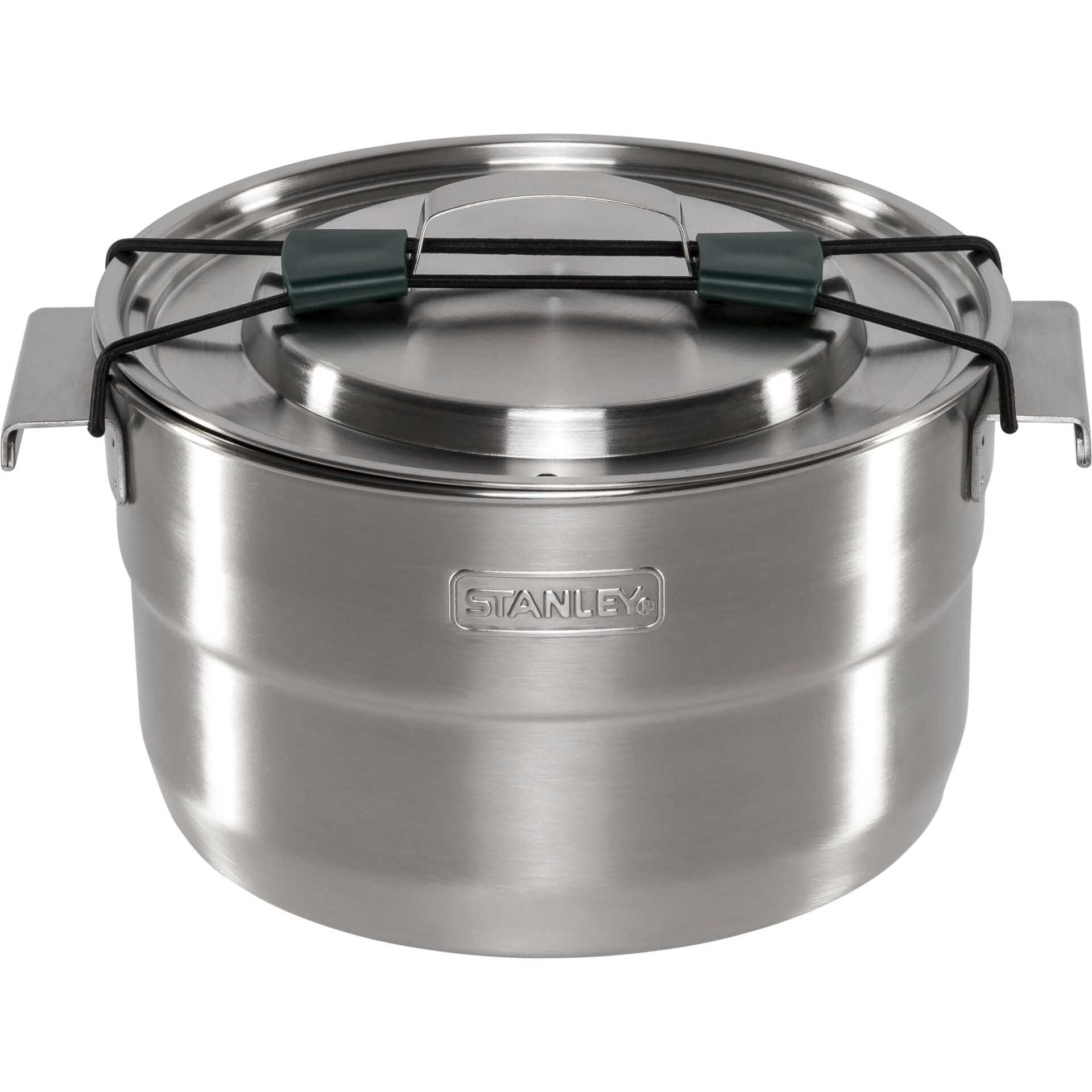 Pentola in acciaio inox con coperchio, manico e corda elastica nera.