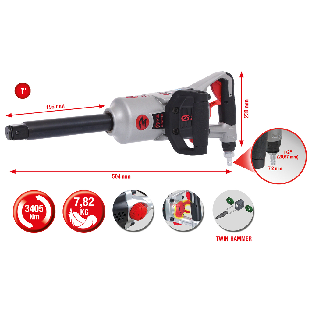Avvitatore a percussione argento con impugnature nere, mostra dimensioni e caratteristiche.