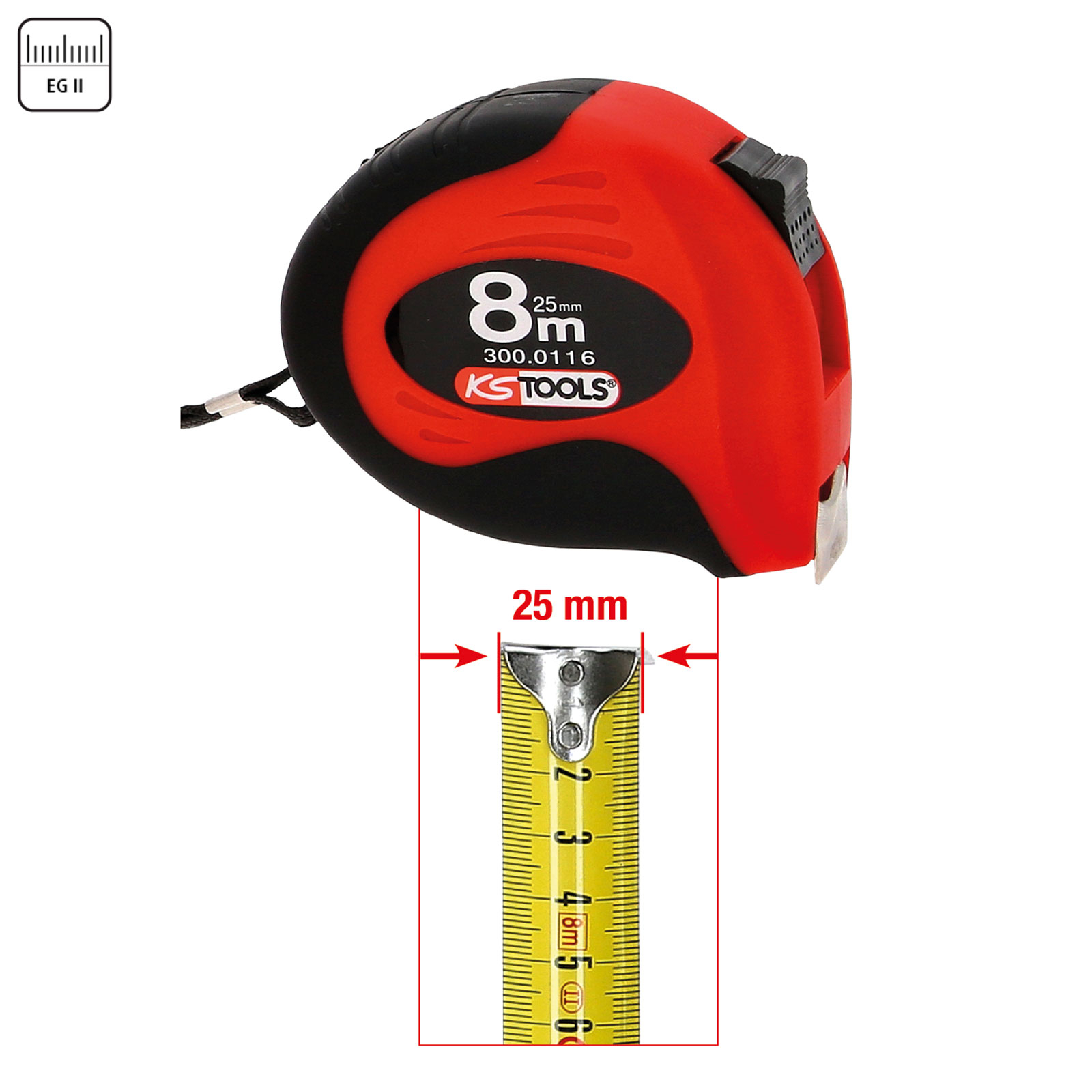 Ein rotes und schwarzes Maßband, das 8m lang und 25mm breit ist.