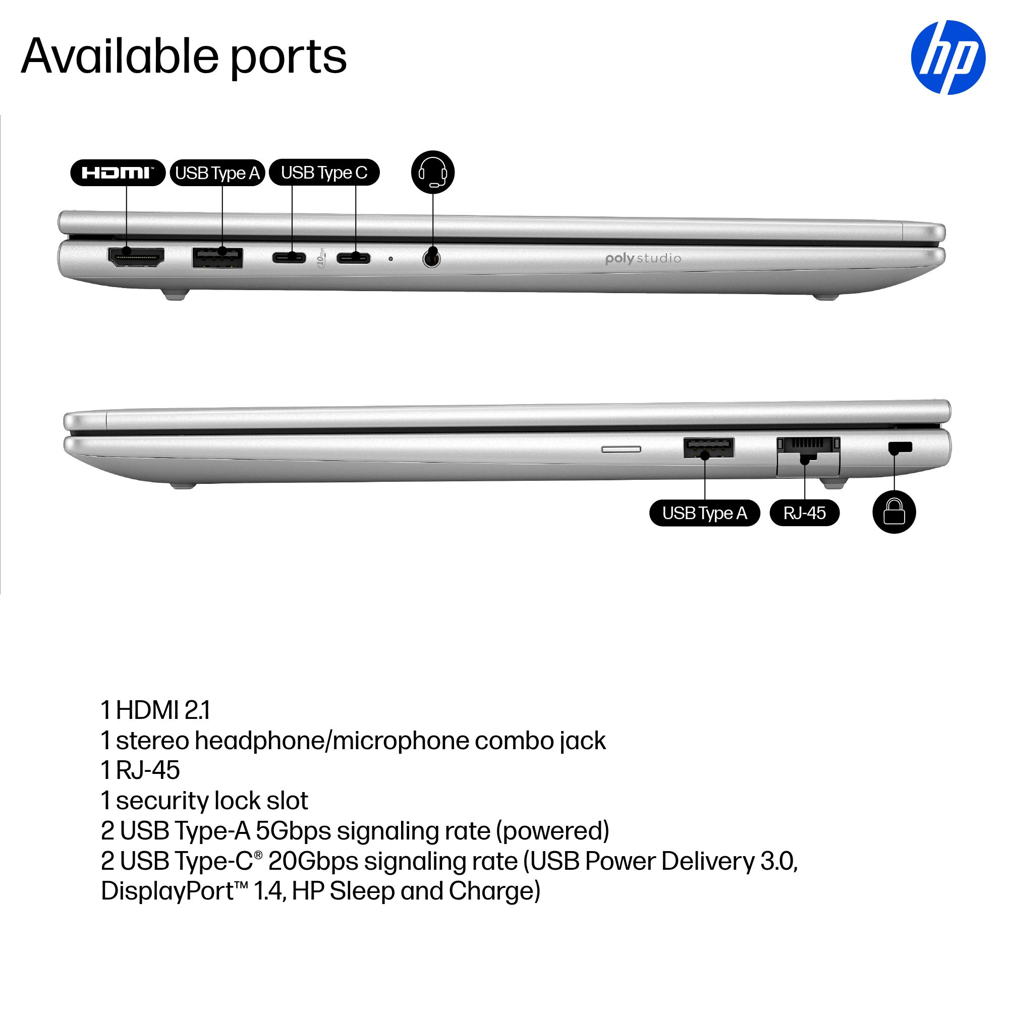 Zilveren laptop zijaanzicht met poorten: HDMI, USB-A, USB-C, koptelefoonaansluiting, RJ45, slot.