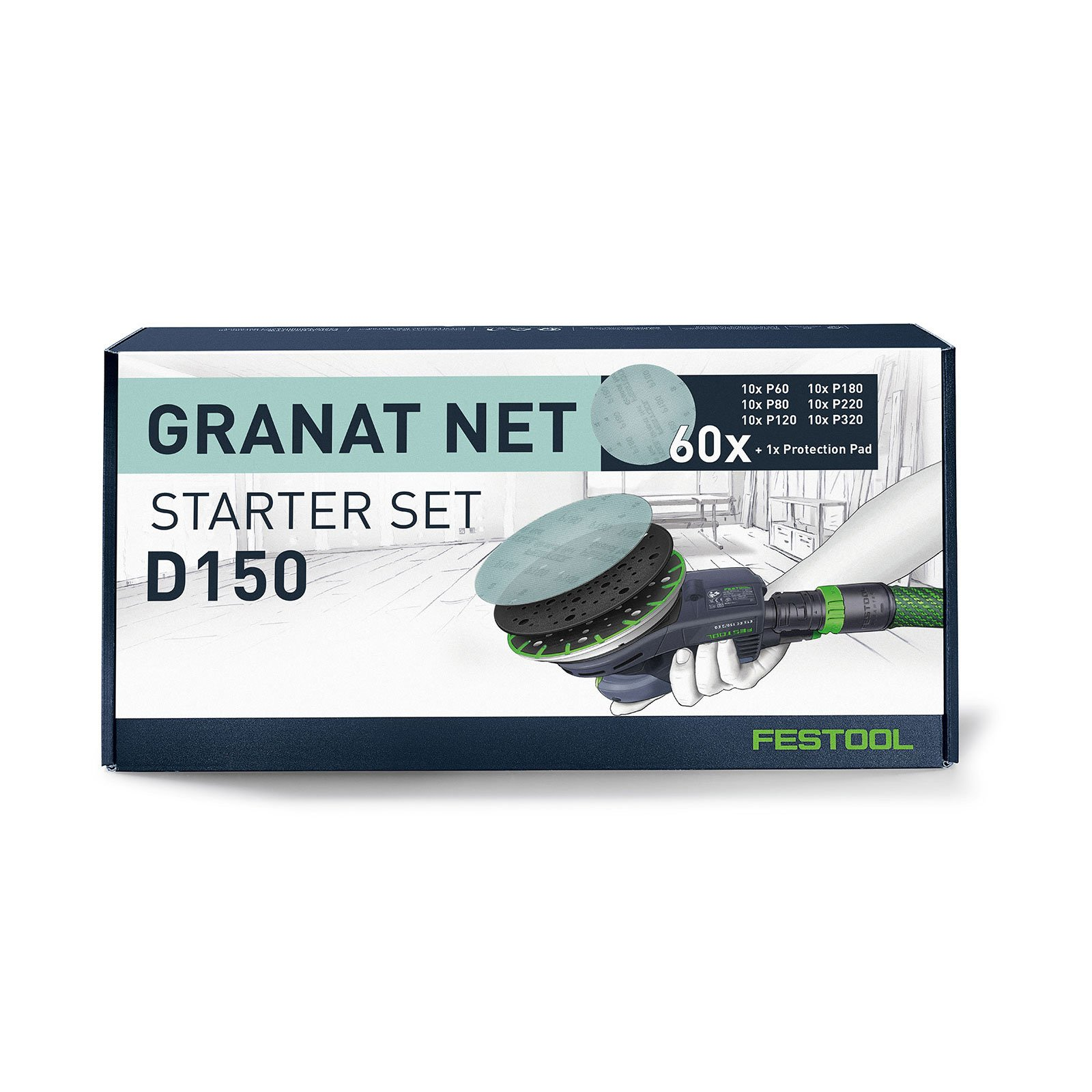 Festool Granat Net D150 Starter Set mit Schleifscheiben und Schutzpad.