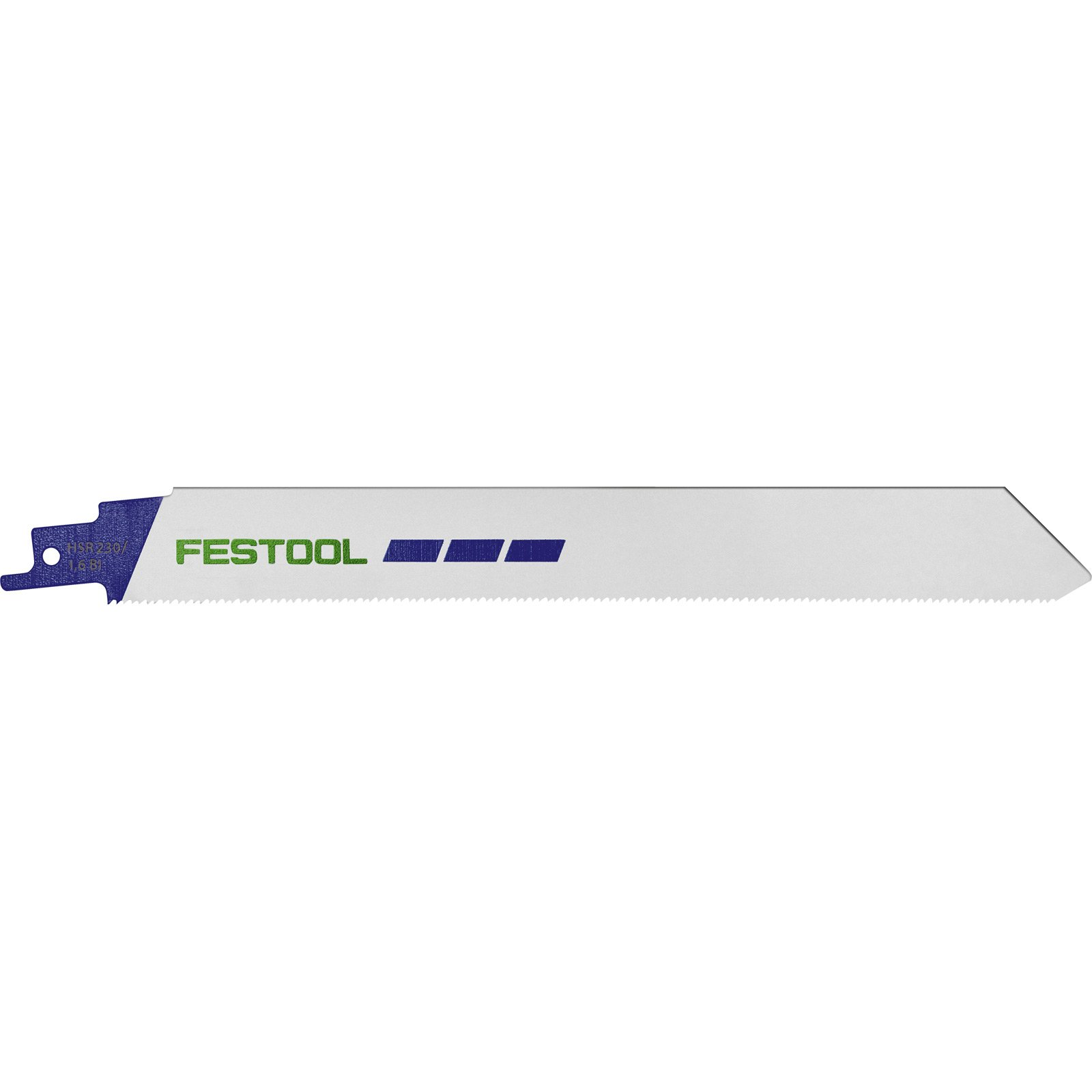 Ein silbernes Sägeblatt mit blauem Griff und grüner "FESTOOL"-Aufschrift.