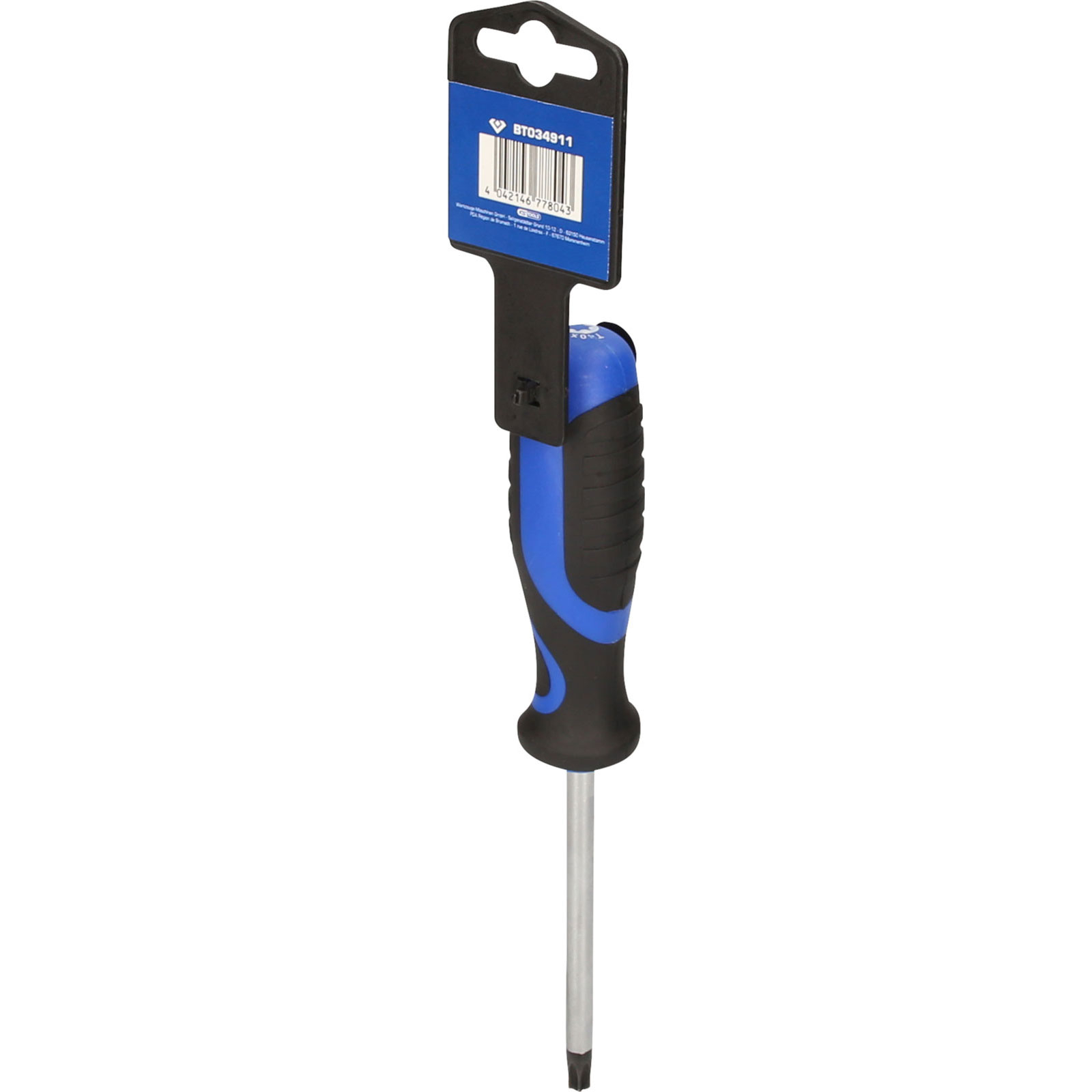 Ein Schraubendreher mit blau-schwarzem Griff und Torx-Spitze ist angebracht.