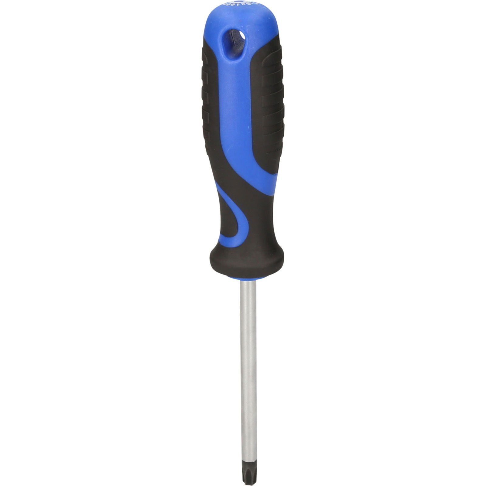 Ein Schraubendreher mit blau-schwarzem Griff und silbernem Schaft.