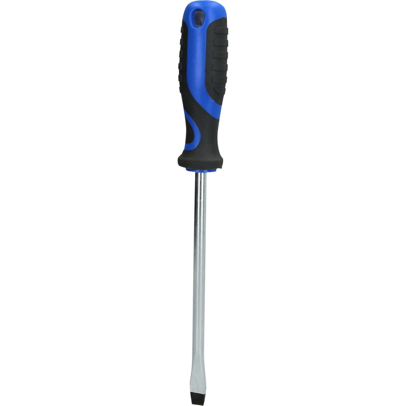 Ein Schlitzschraubendreher mit blau-schwarzem Griff und Metallschaft.