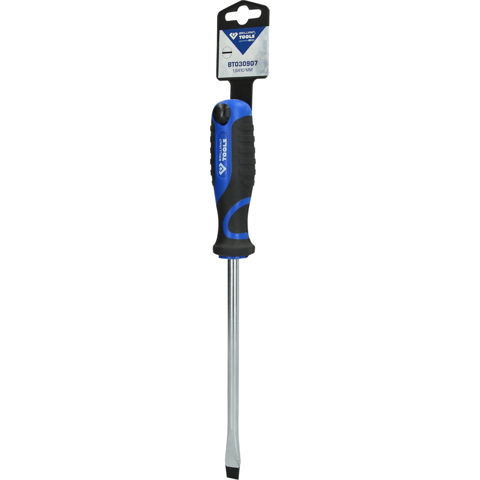 Schlitzschraubendreher mit blau-schwarzem Griff und Metallklinge.
