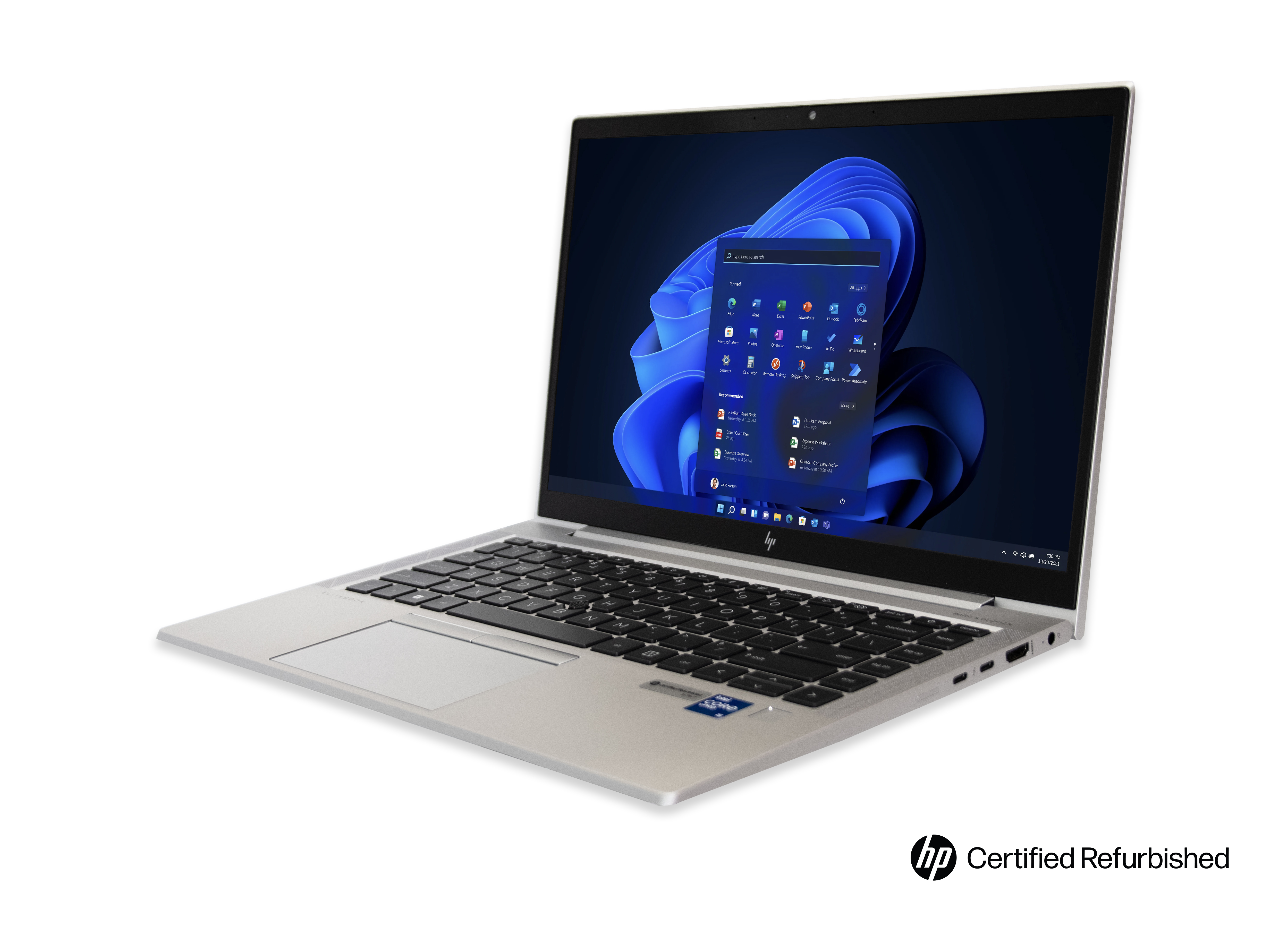 Een zilveren HP laptop met Windows 11 en een blauw behang.