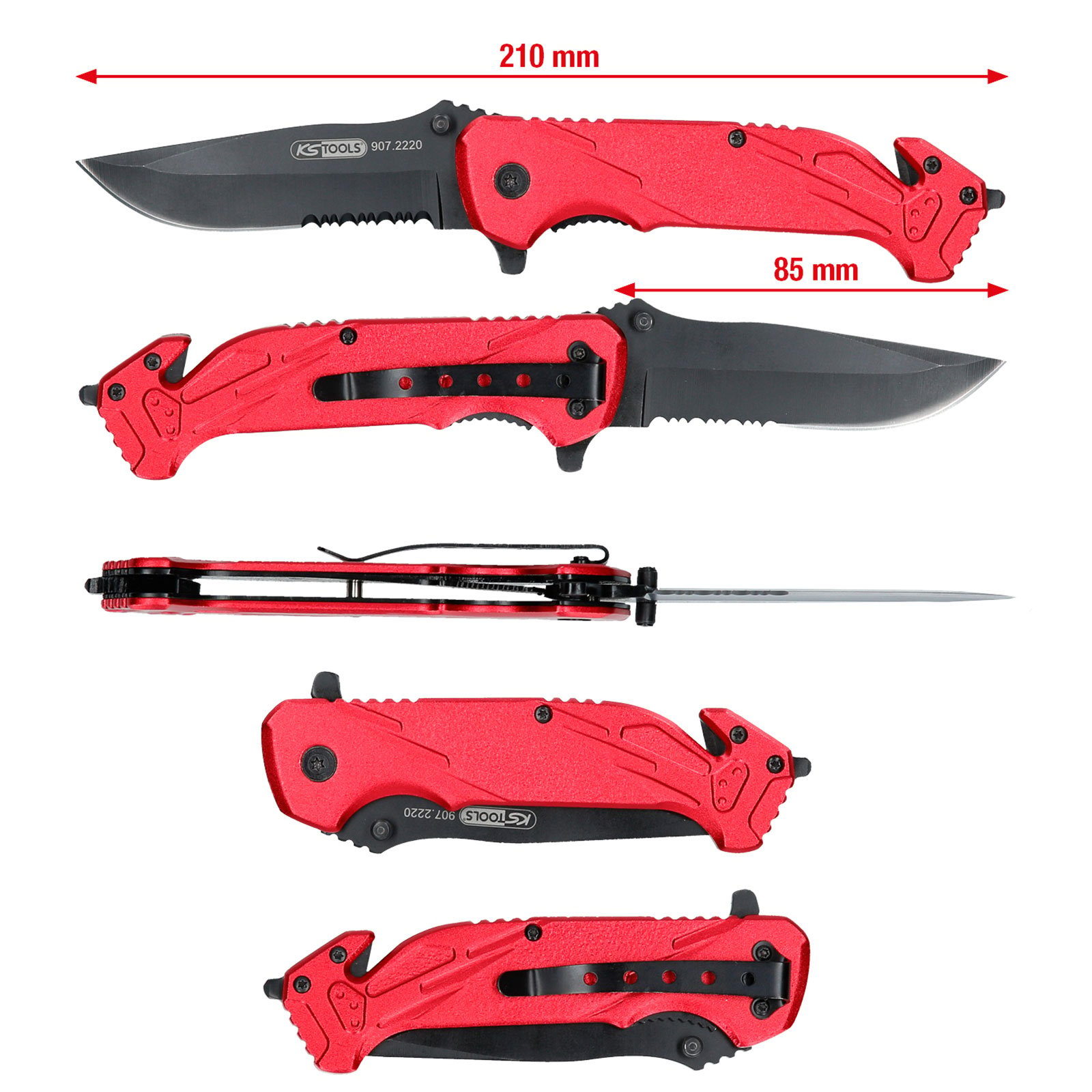 Rotes Klappmesser mit schwarzer Klinge und Gürtelclip. Maße: 210 mm und 85 mm.