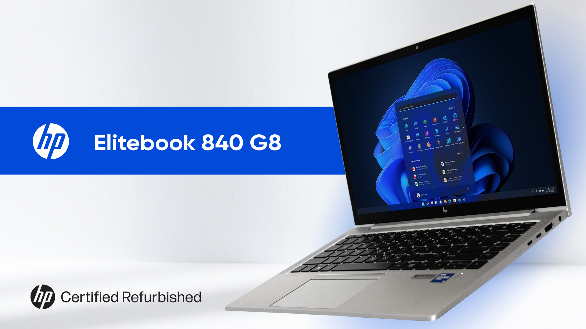 Zilveren HP Elitebook 840 G8 laptop met blauwe achtergrond en tekst.