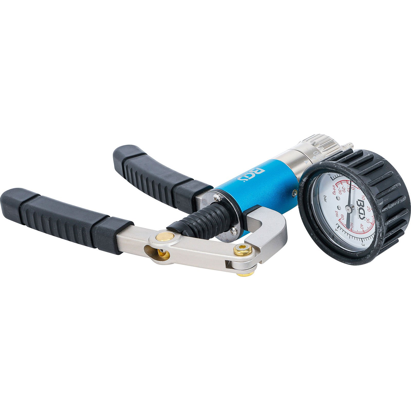 Ein blauer Handkompressor mit Manometer und schwarzen Griffen.