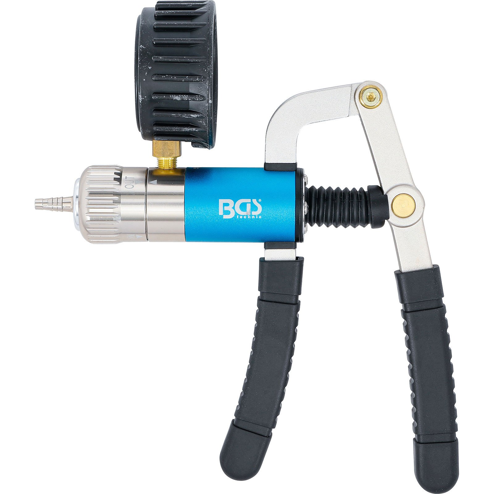 Ein blauer Vakuumtester mit Manometer und schwarzem Griff.