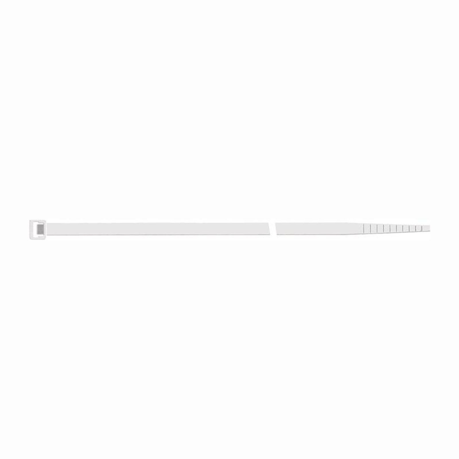 Una fascetta bianca con testa di bloccaggio e coda seghettata.