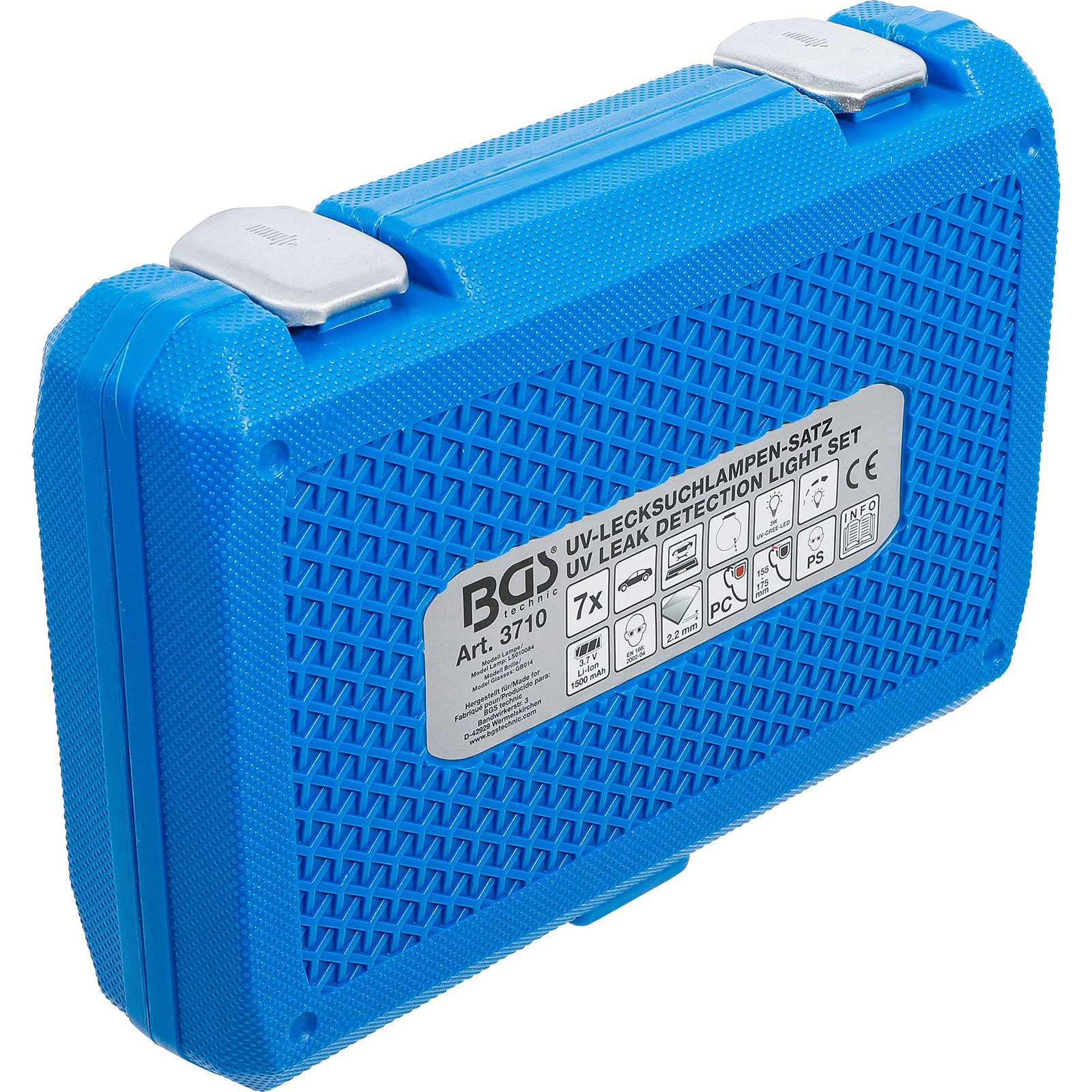 Blaues Koffer-Set für UV-Lecksuchlampe mit Beschriftung und Symbolen.