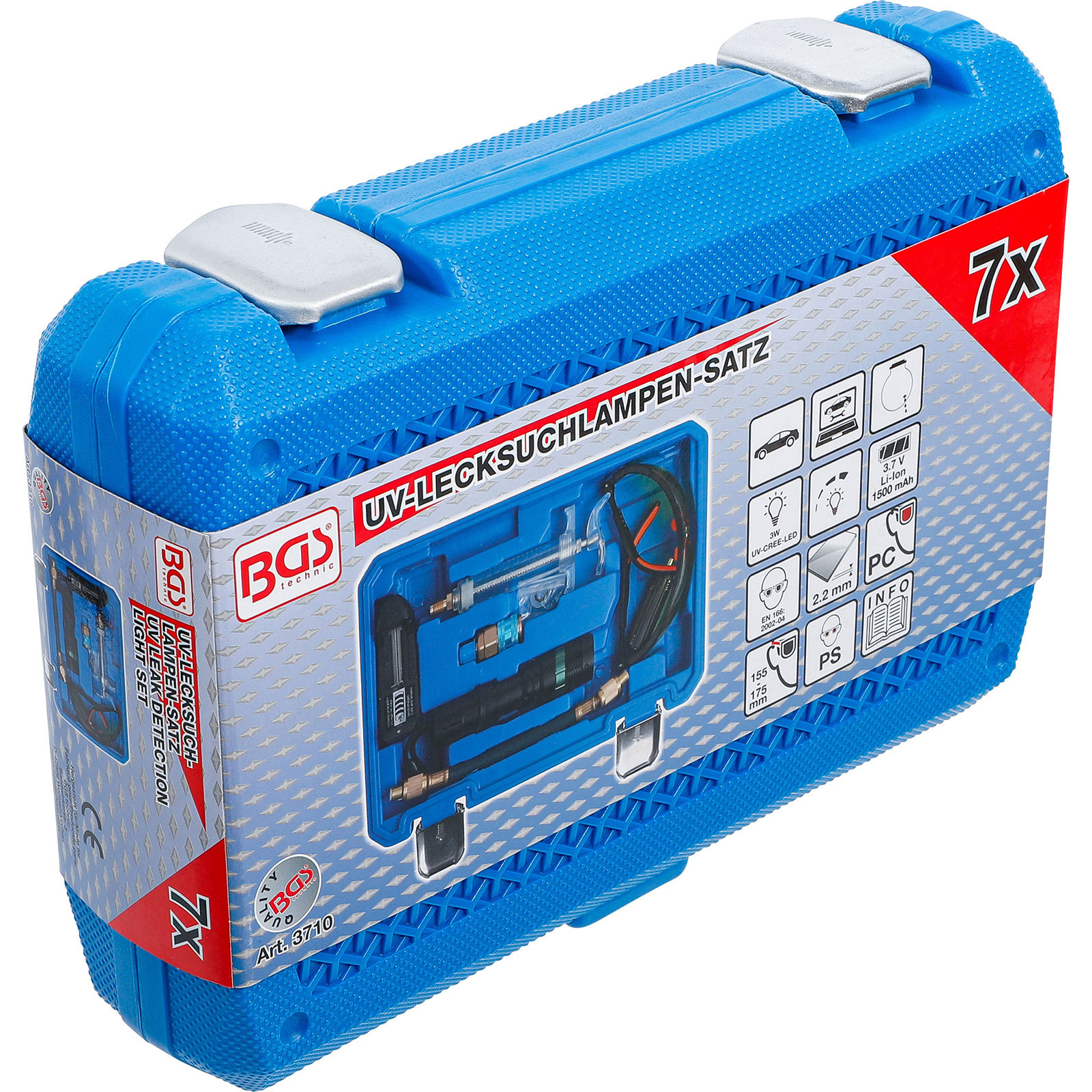 Blauer Koffer mit UV-Lecksuchset. Enthält Werkzeuge, Spritze und UV-Lampe.