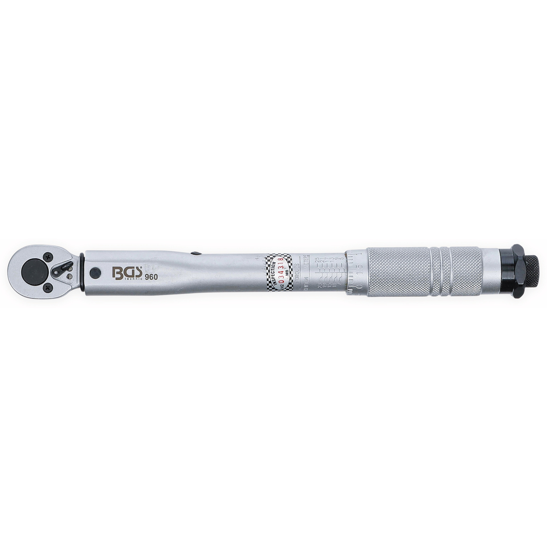 Silberner Drehmomentschlüssel mit Skala und Griff. BGS Technic 960.