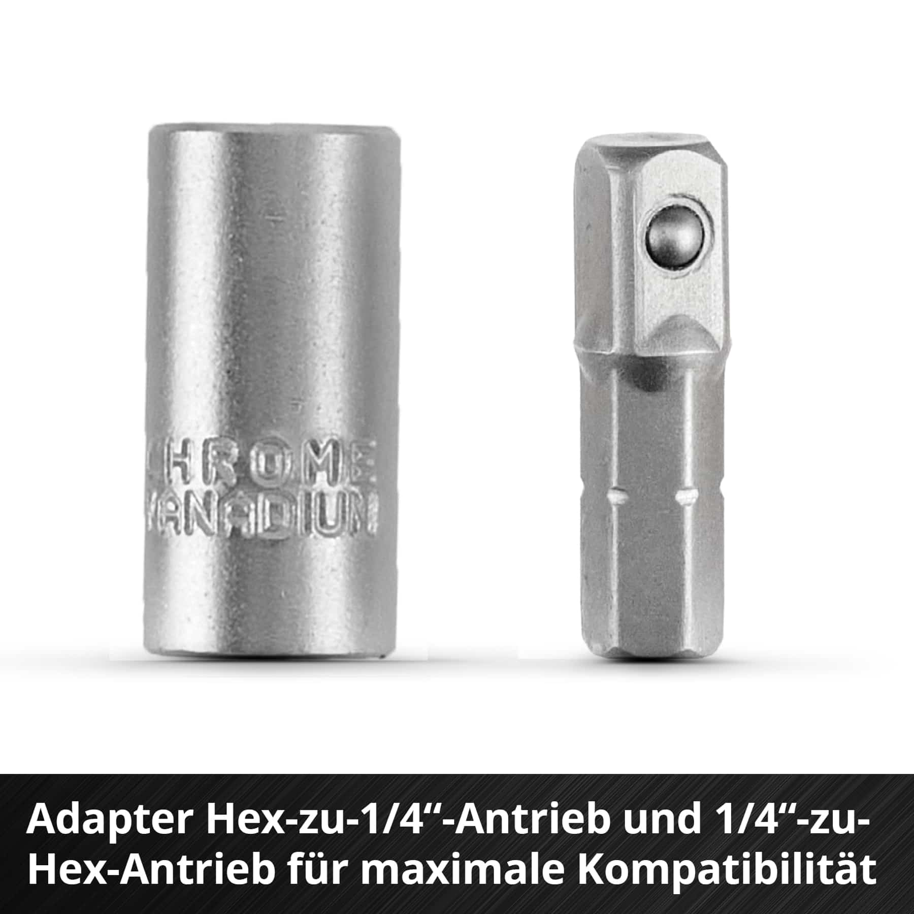 Zwei silberne Werkzeugadapter aus Metall, einer zylindrisch, der andere sechskantig.