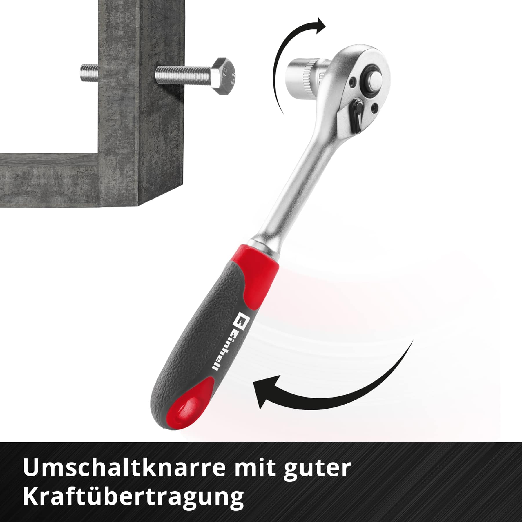 Eine Ratsche mit rotem und schwarzem Griff wird verwendet, um eine Schraube in Beton zu drehen.
