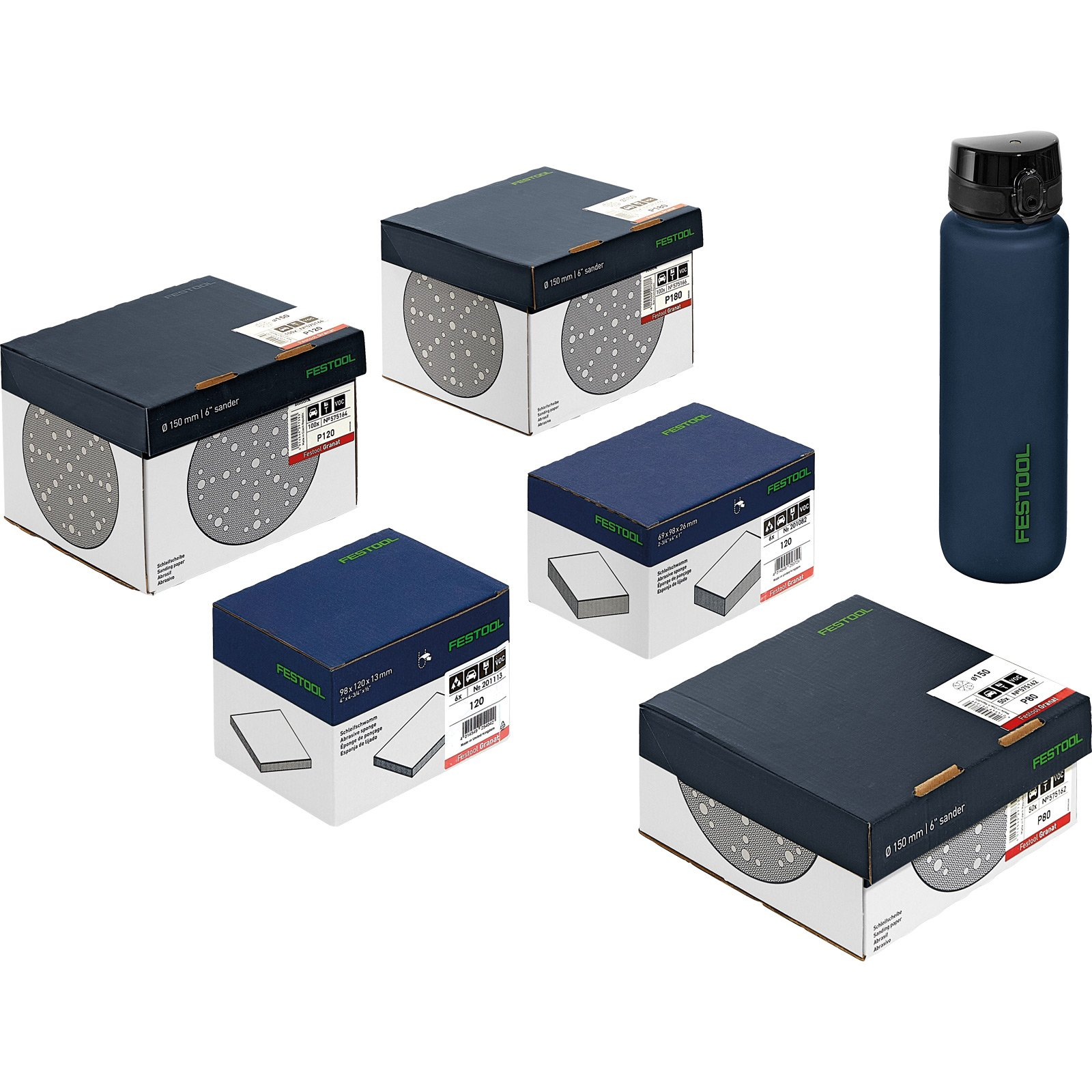 Diverse scatole Festool con dischi e spugne abrasive, accanto a una borraccia blu.