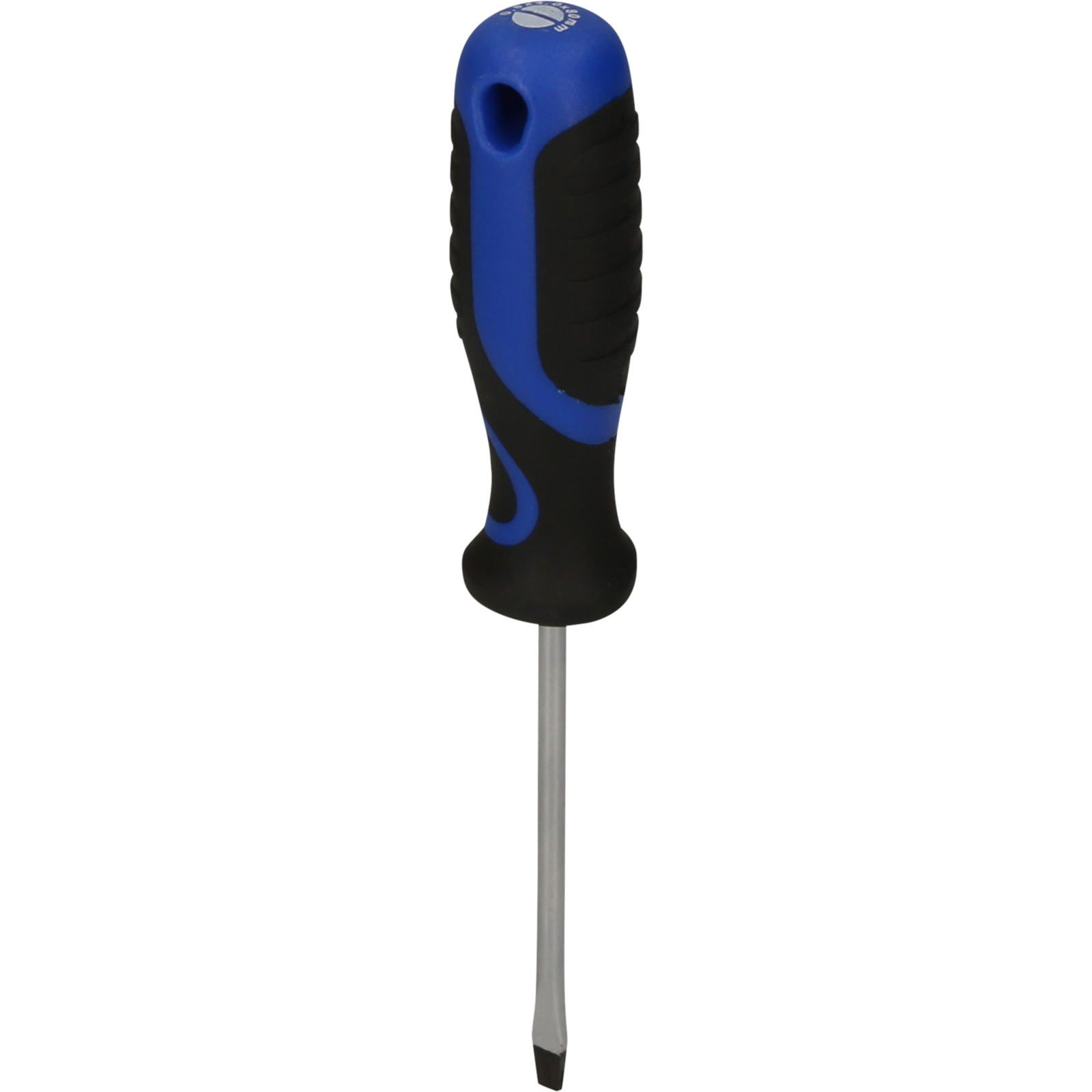 Schraubendreher mit blau-schwarzem Griff und Schlitzklinge.