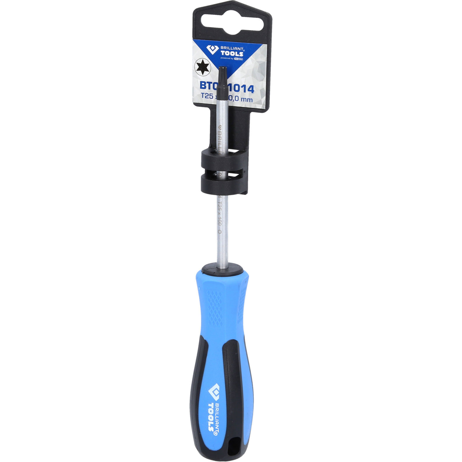 Ein Torx-Schraubendreher mit blauem Griff und T25-Spitze auf einer Verpackung.