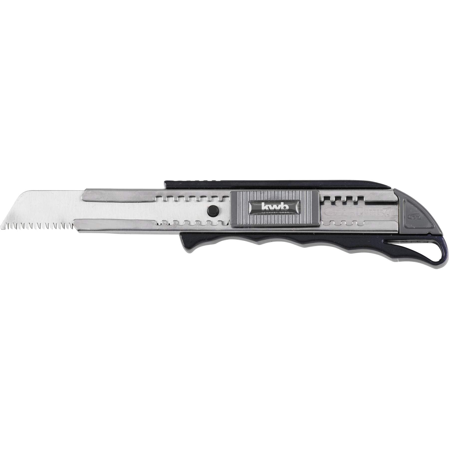 Ein KWB Cutter mit Sägezahnklinge, schwarzem Griff und silbernen Metallteilen.