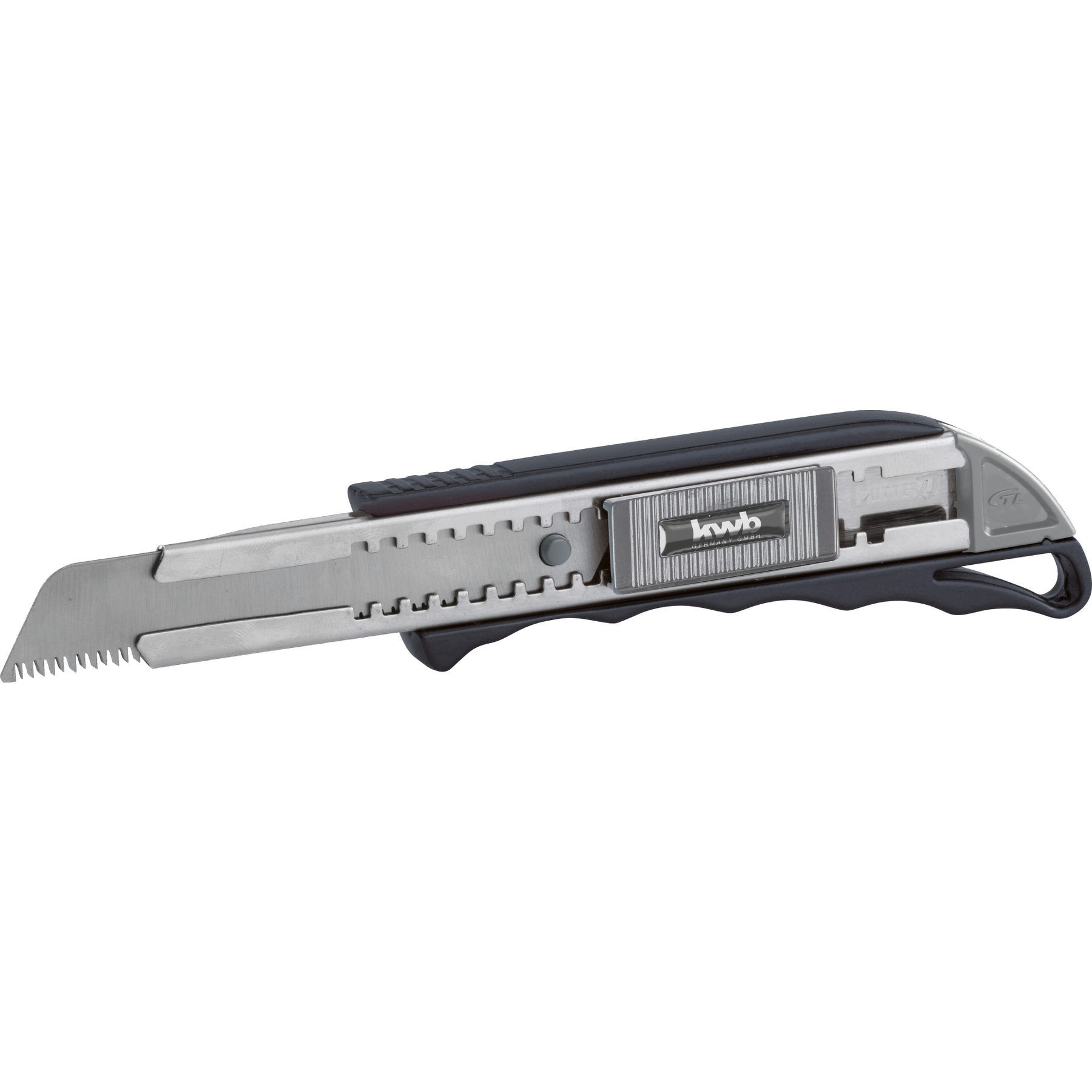 Ein silbernes Cuttermesser mit schwarzem Griff und Sägezahnklinge.