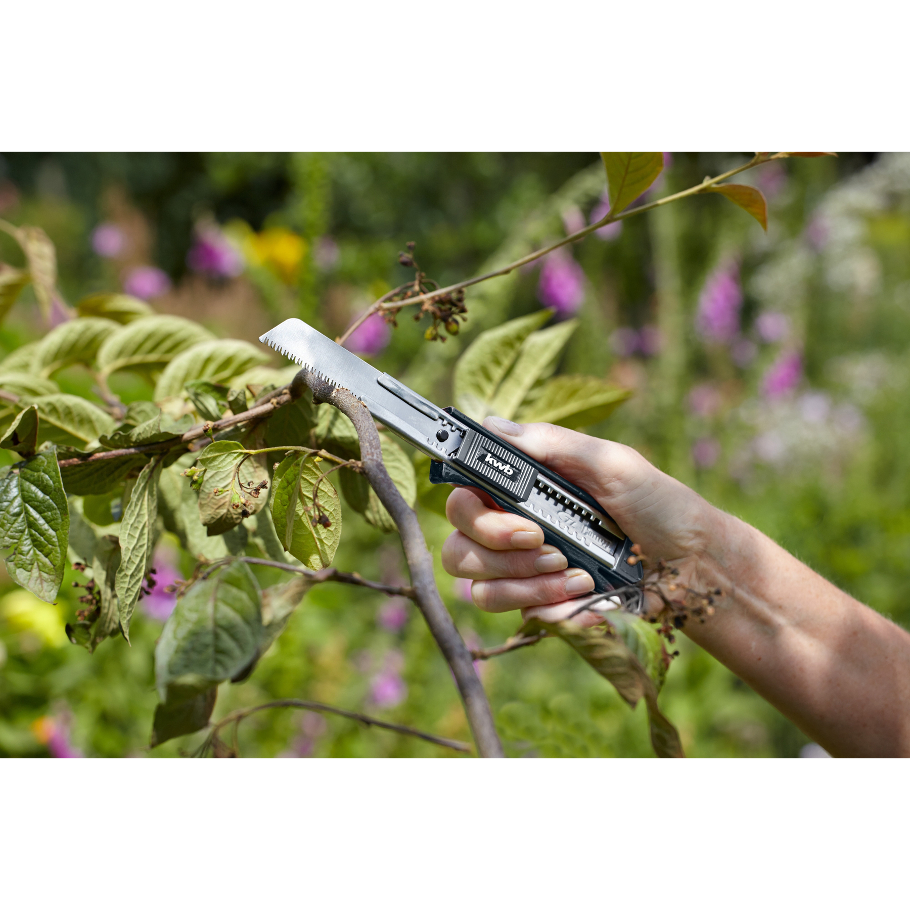 Eine Hand benutzt ein Klappmesser mit Sägeblatt, um einen Ast in einem Garten zu beschneiden.