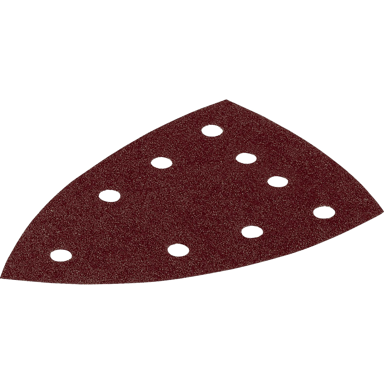 Ein dreieckiges Schleifpapier mit neun Löchern auf weißem Hintergrund.