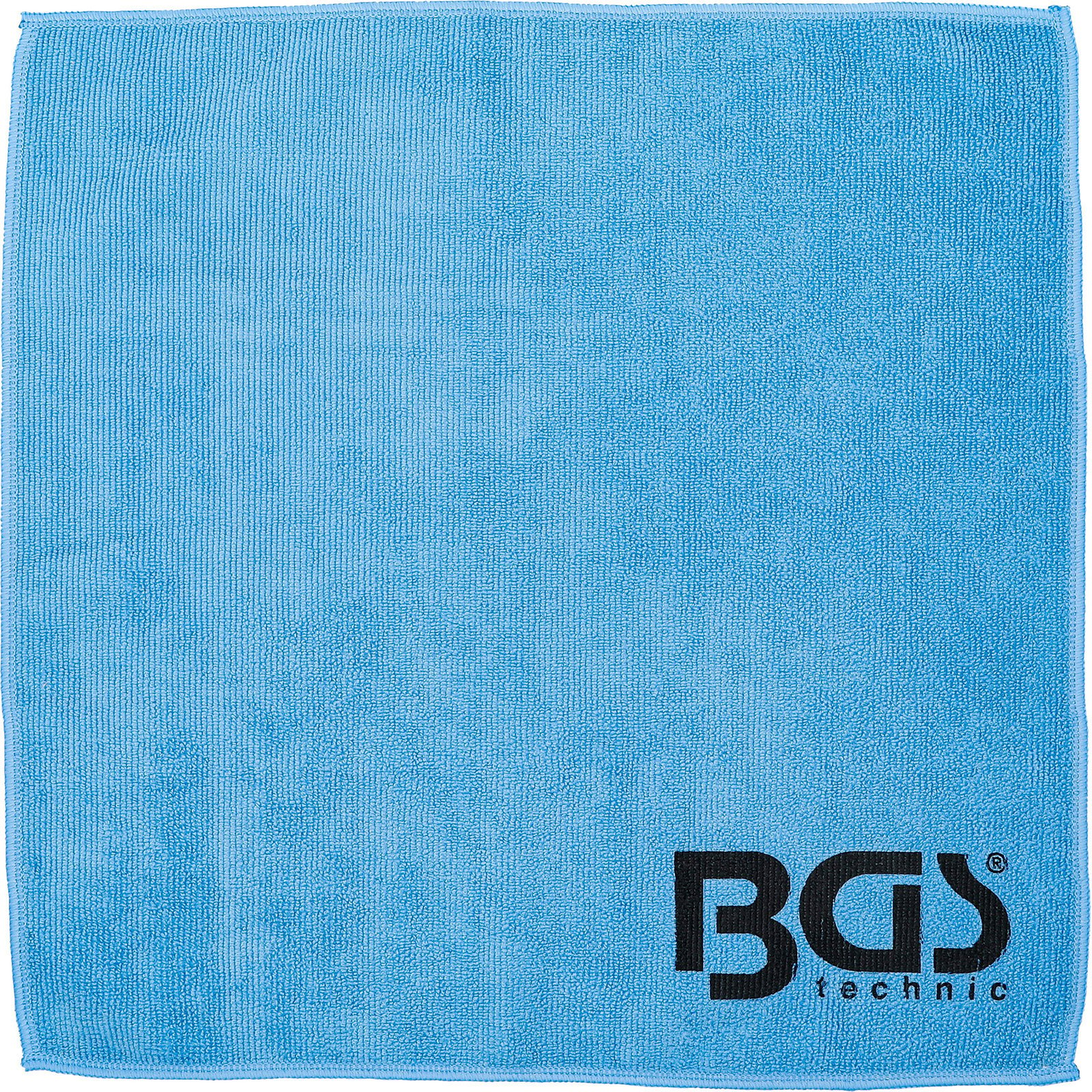 Ein hellblaues Mikrofasertuch mit dem schwarzen Logo von BGS technic.