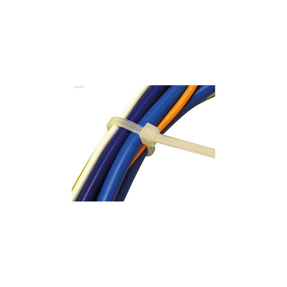 Mehrere Kabel sind mit einem weißen Kabelbinder zusammengebunden. Farben: weiß, blau, orange, grün.