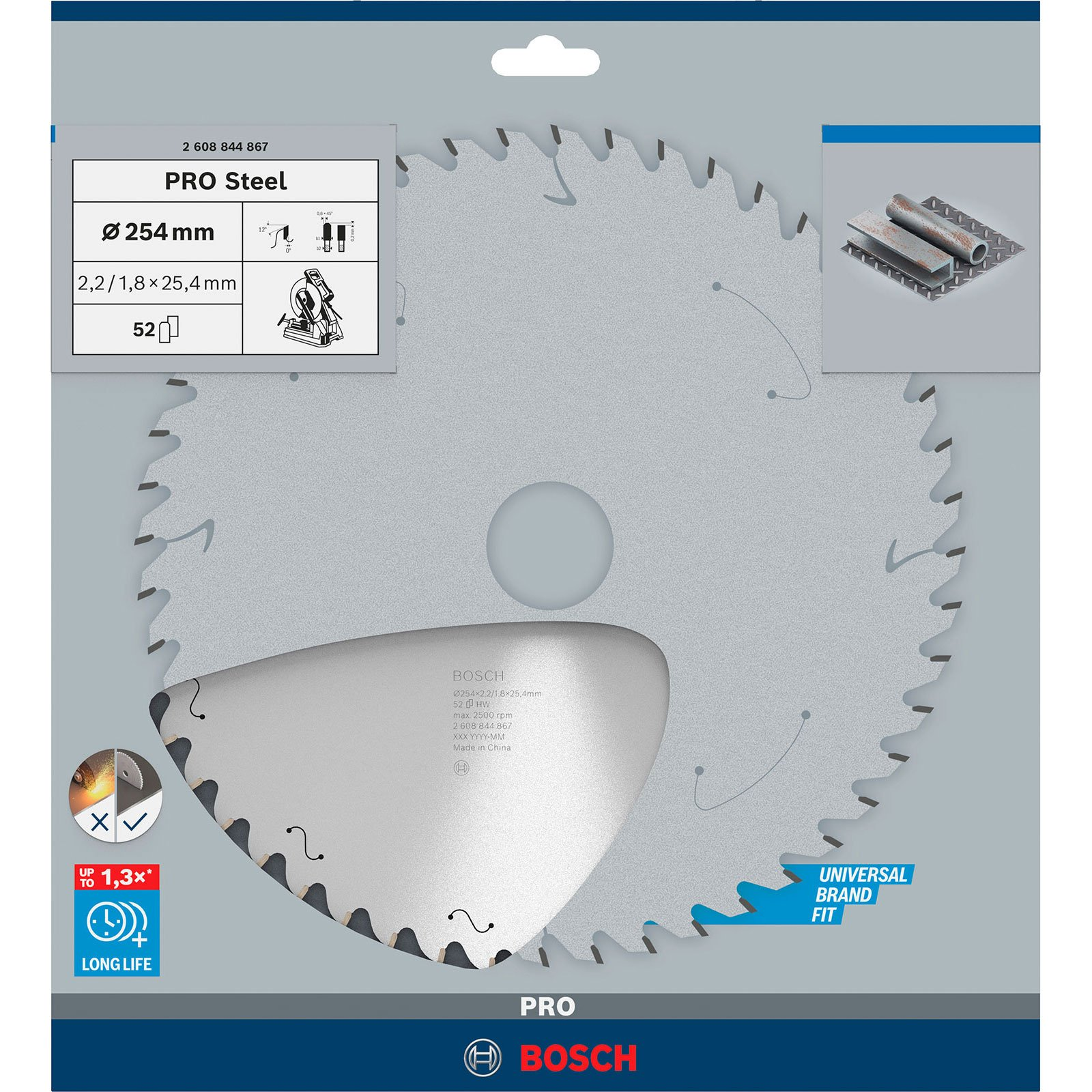 Lama sega circolare per acciaio, 254mm diametro, 52 denti. Logo Bosch.