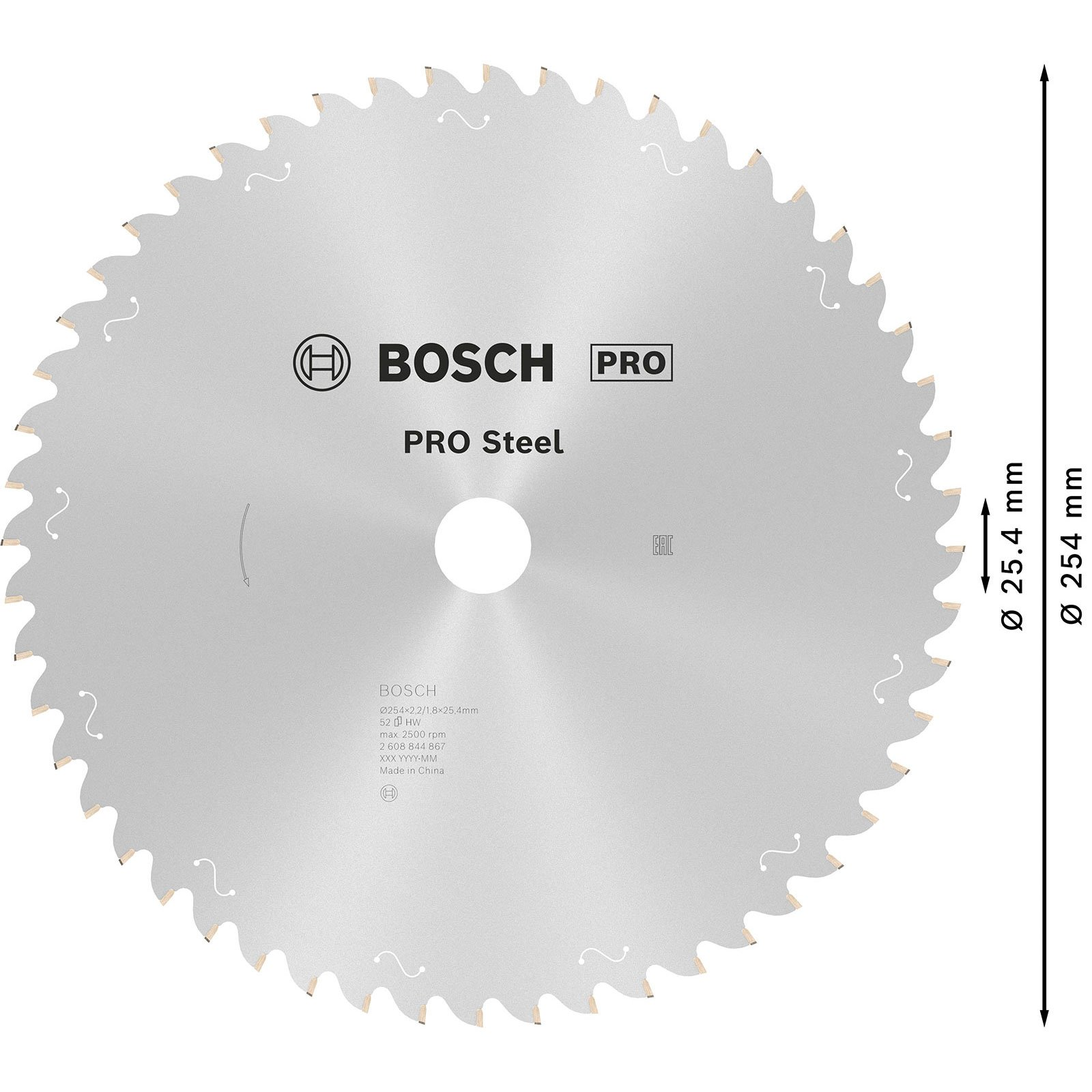 Una lama per sega circolare Bosch Pro Steel, diametro 254mm, con dettagli testuali.