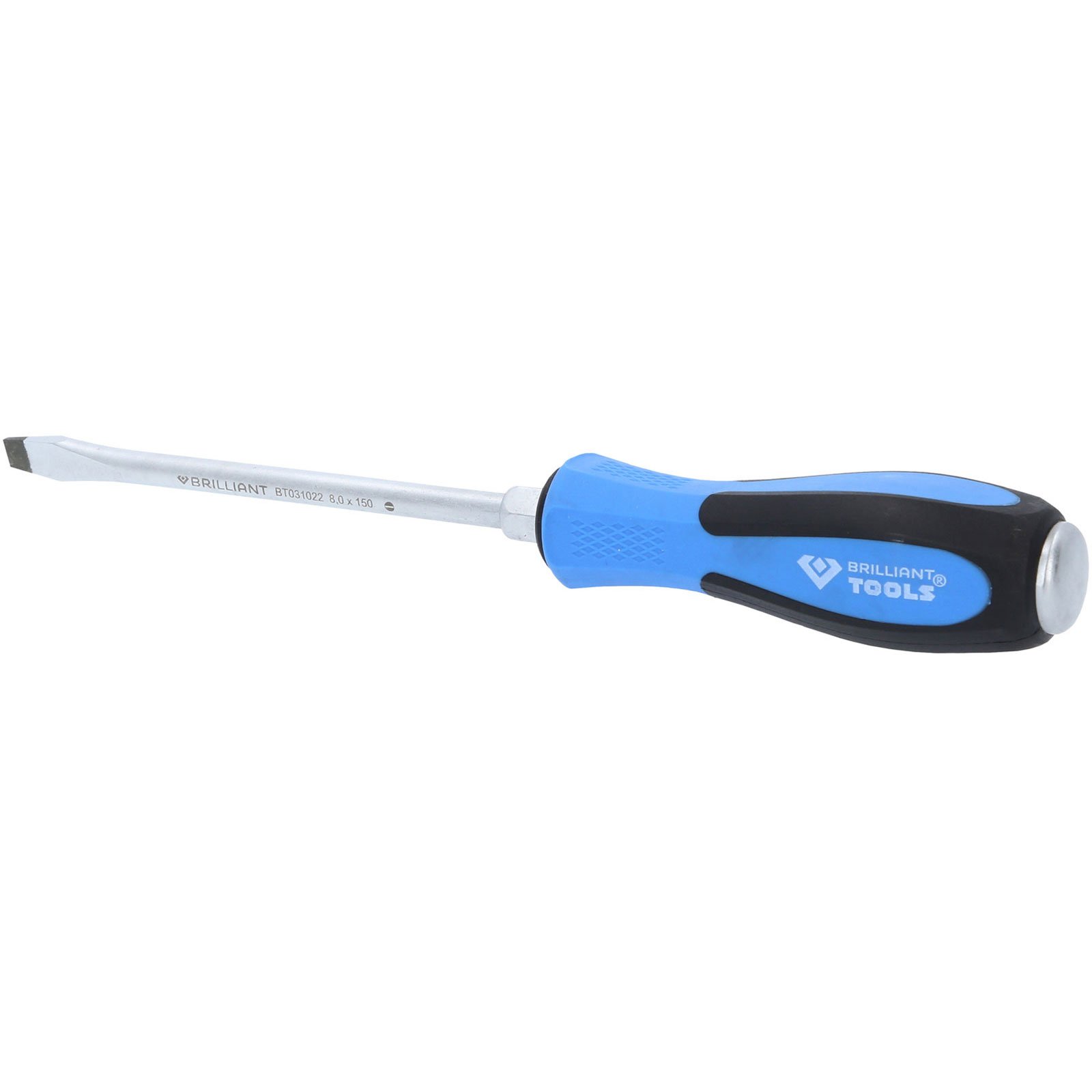 Schlitzschraubendreher mit blauem und schwarzem Griff. Brilliance Tools Logo.