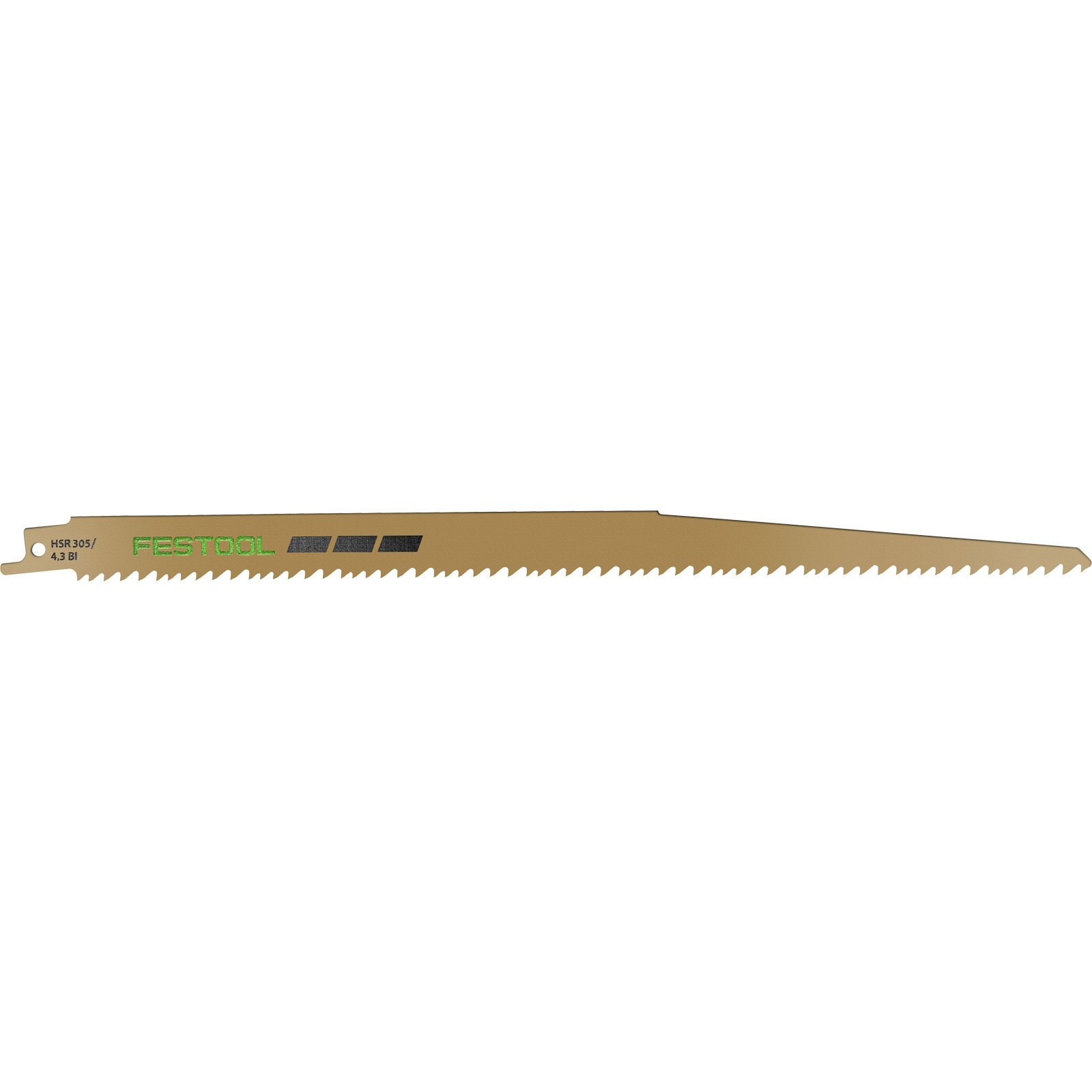 Una lama per seghetto alternativo color cuoio con denti argentati e logo Festool.