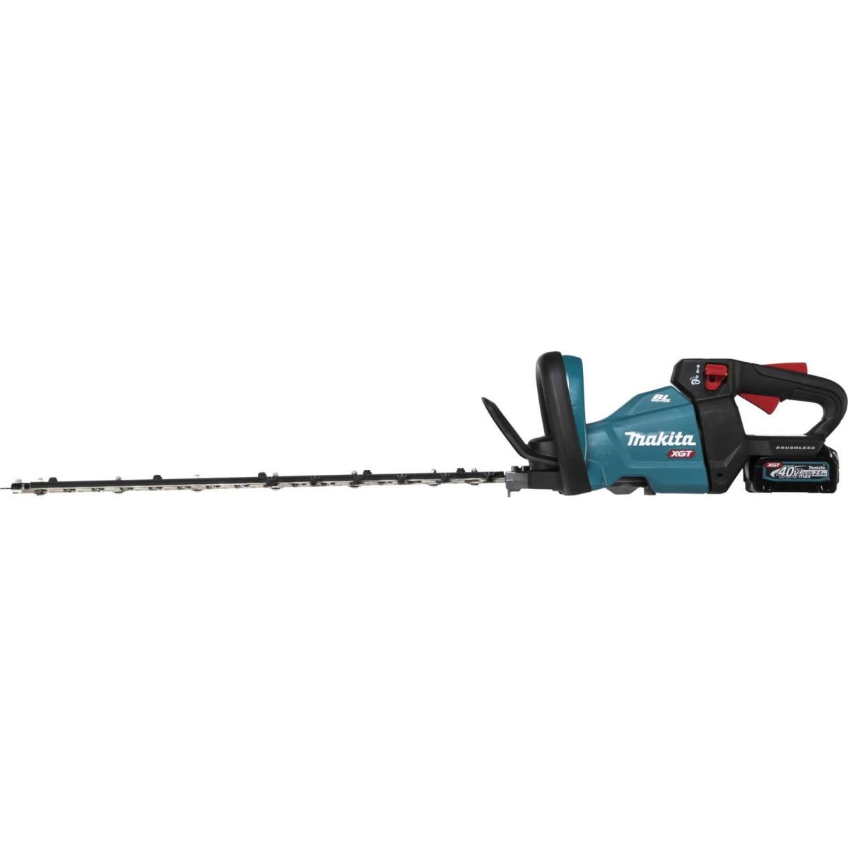 Ein blau-schwarzer Heckenscherer mit langem Blatt und 40V-Akku.