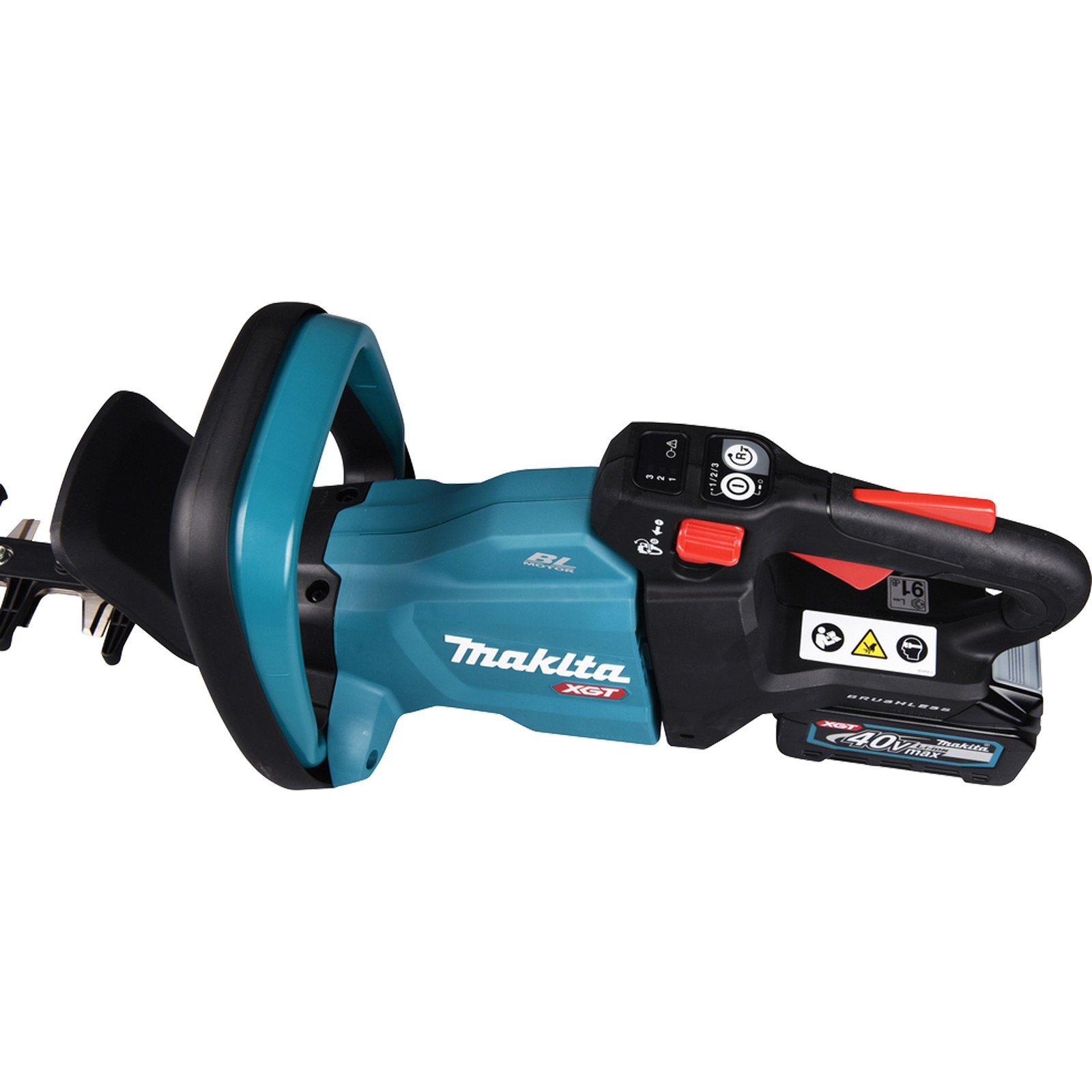 Ein teal-farbenes und schwarzes Heckenscheren-Werkzeug mit Makita-Logo und 40V Akku.